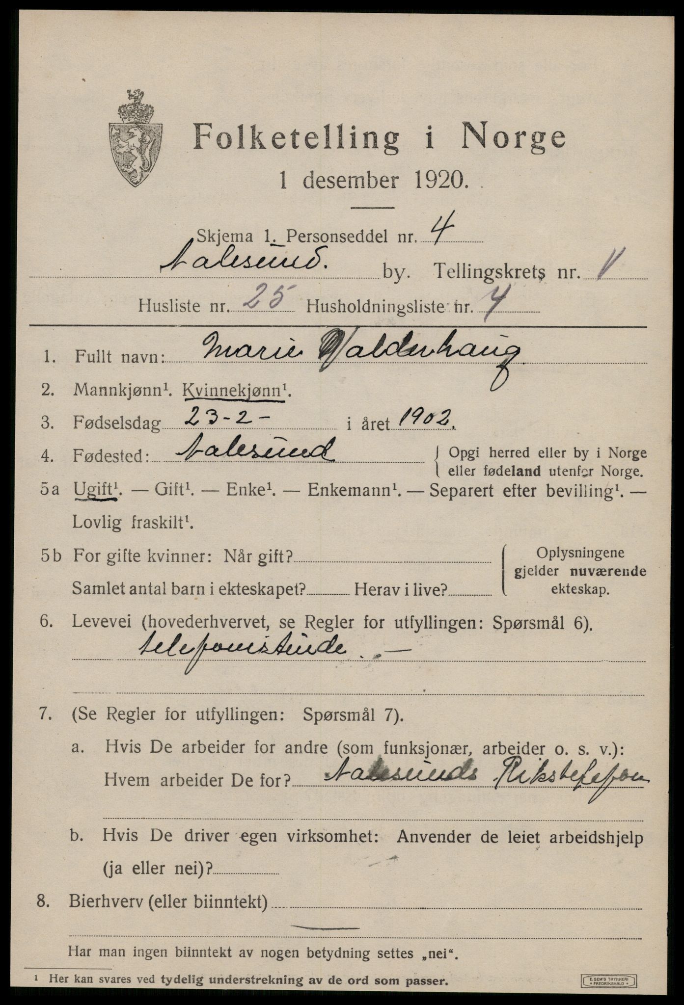 SAT, 1920 census for Ålesund, 1920, p. 25356