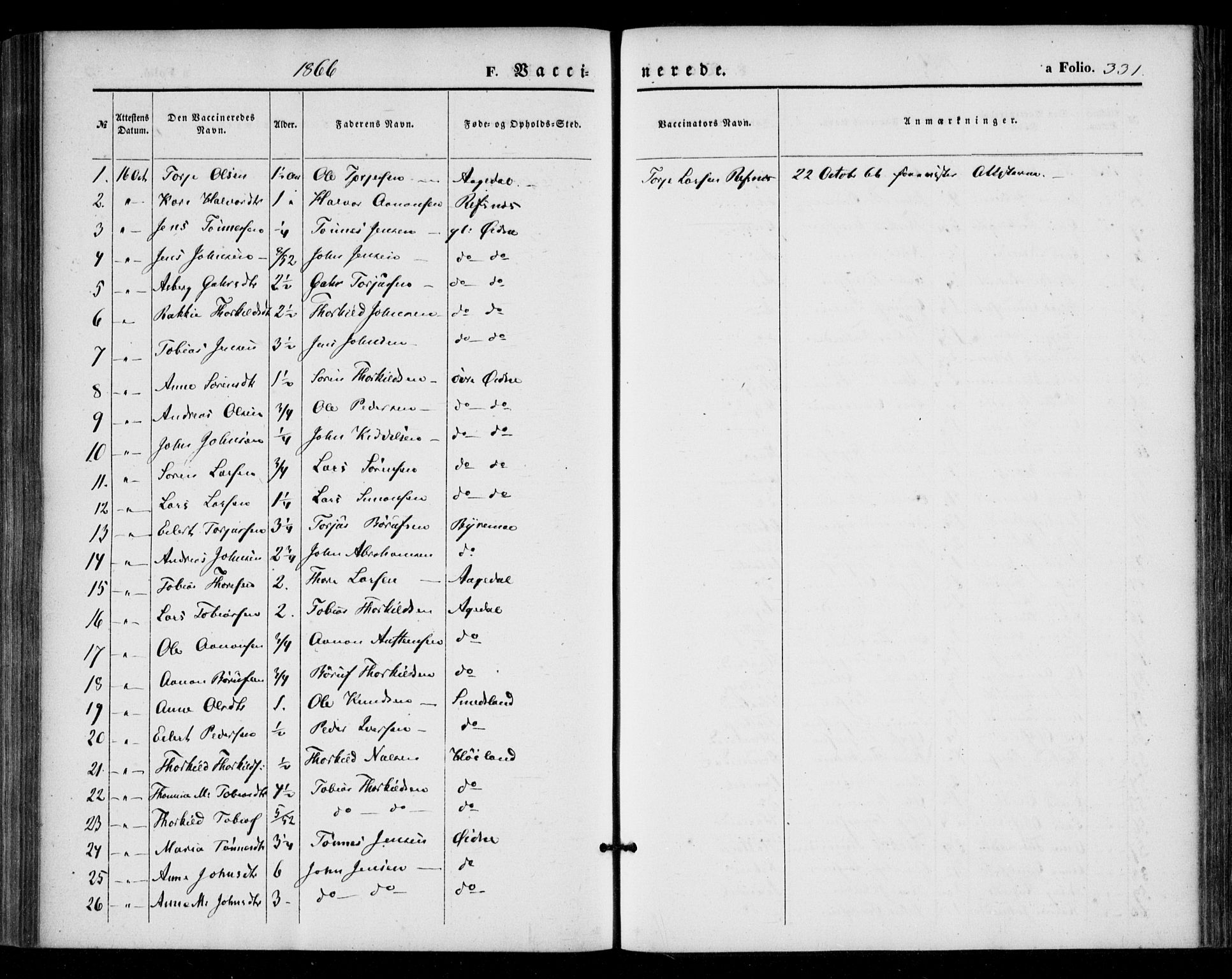 Bjelland sokneprestkontor, SAK/1111-0005/F/Fa/Fac/L0002: Parish register (official) no. A 2, 1866-1887, p. 331