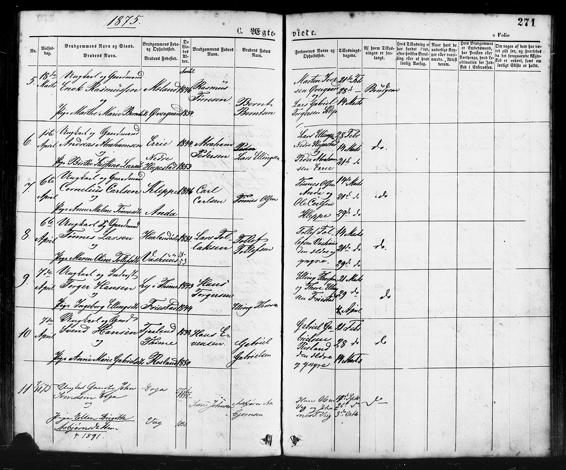 Klepp sokneprestkontor, AV/SAST-A-101803/001/3/30BA/L0006: Parish register (official) no. A 6, 1871-1885, p. 271