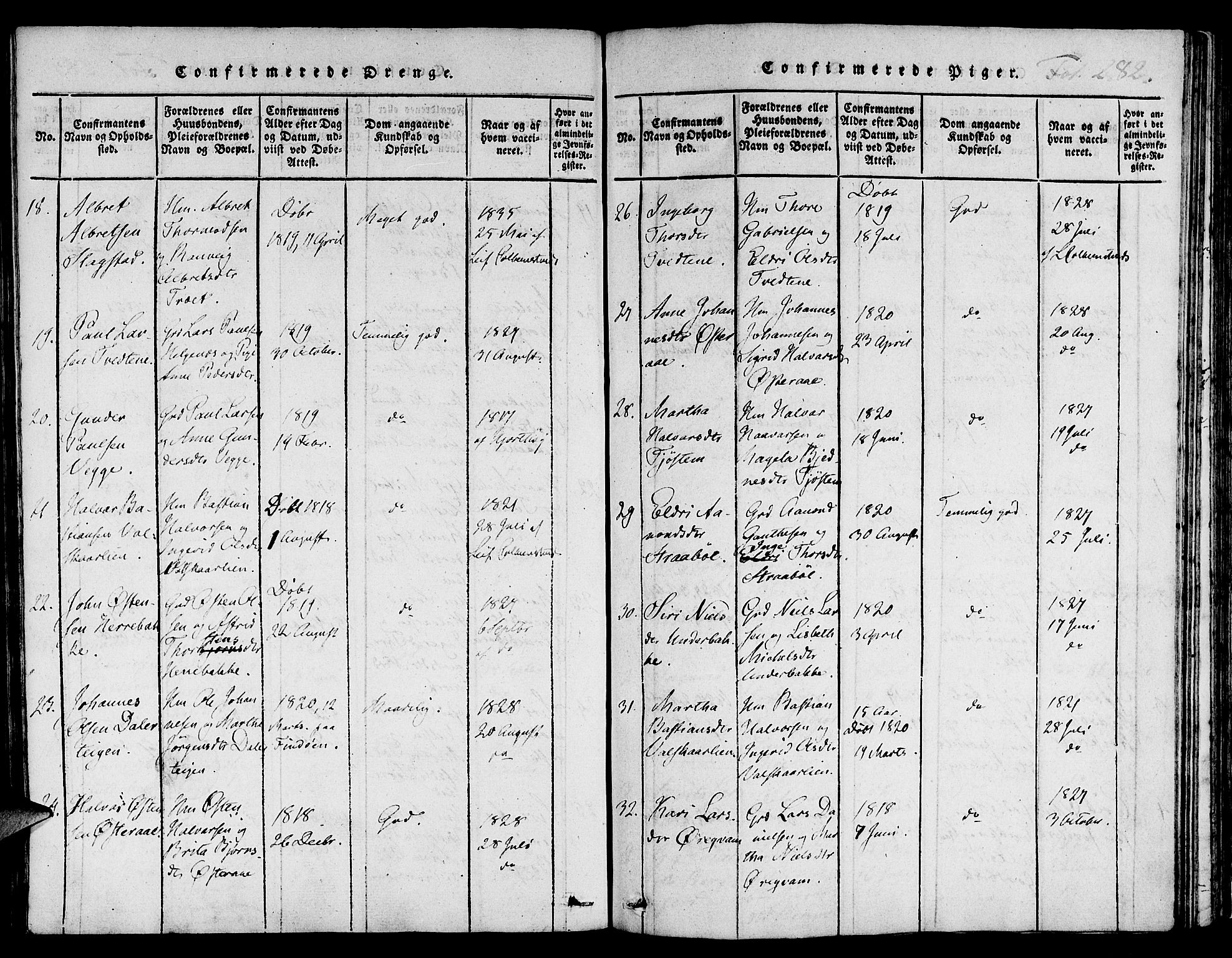 Suldal sokneprestkontor, AV/SAST-A-101845/01/IV/L0006: Parish register (official) no. A 6, 1816-1836, p. 282