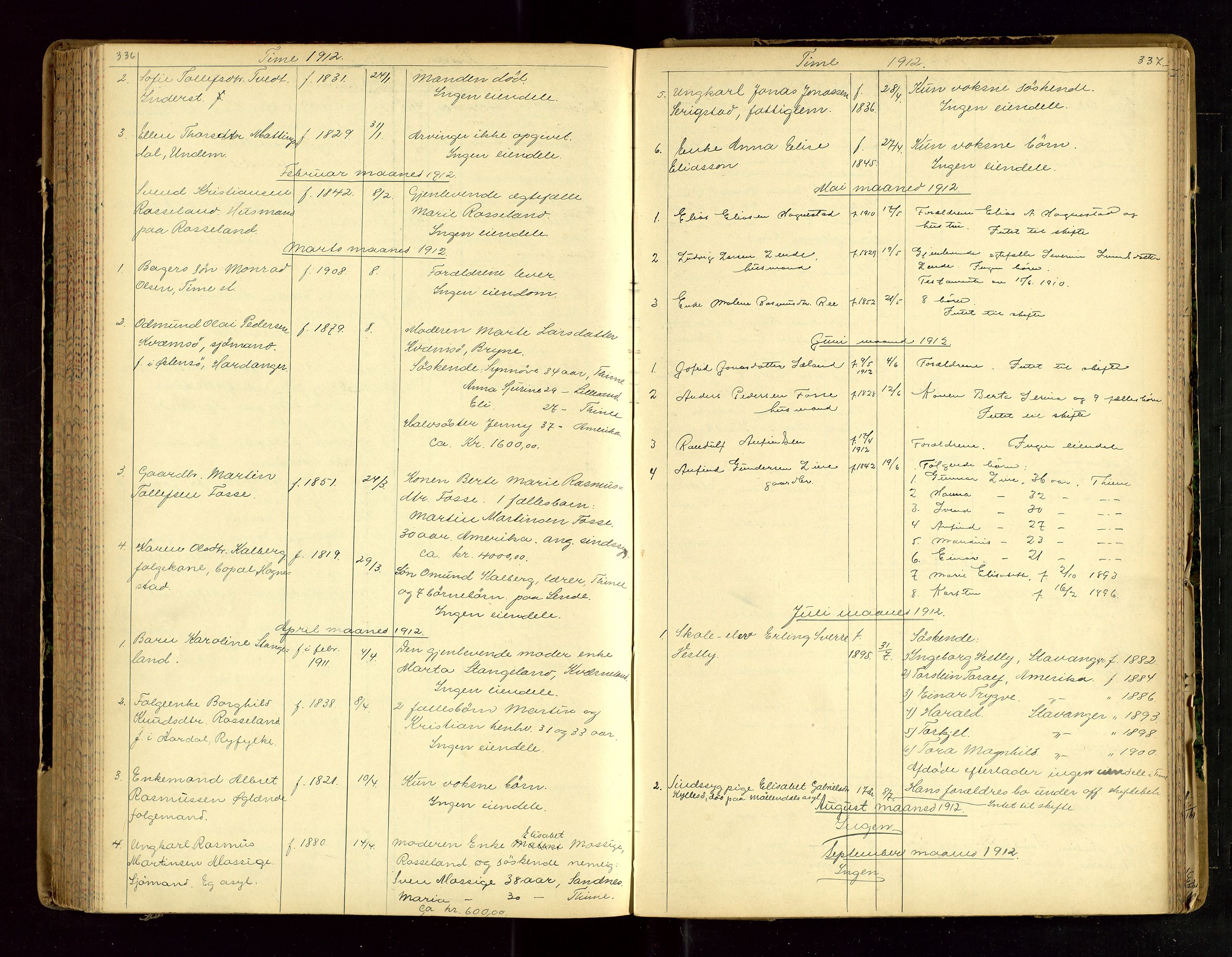 Jæren sorenskriveri, AV/SAST-A-100310/01/5/52/52B/L0003: DØDSFALLPROTOKOLL, 1910-1916, p. 336-337