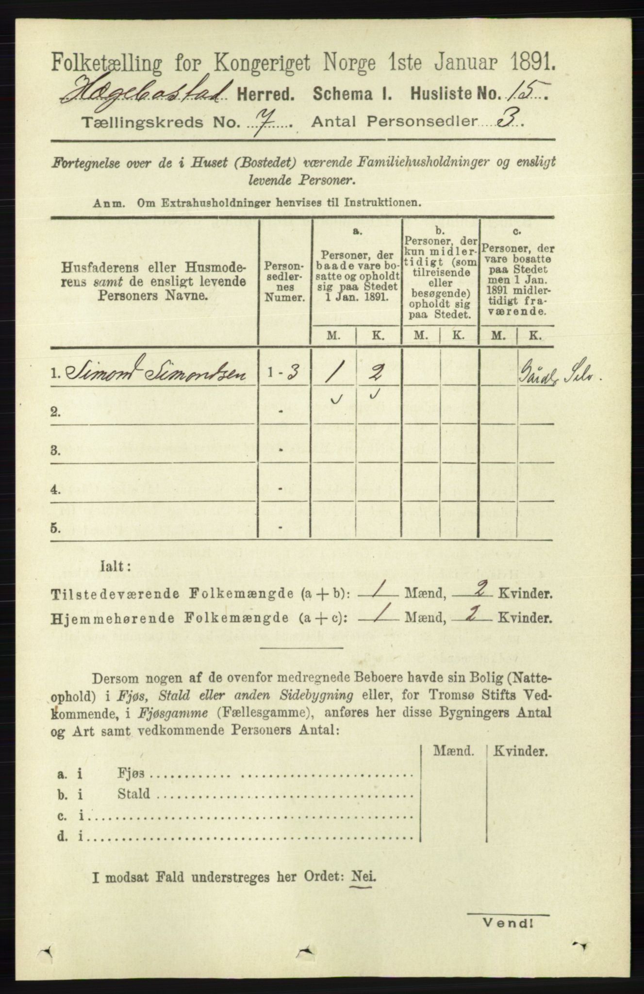 RA, 1891 census for 1034 Hægebostad, 1891, p. 2062