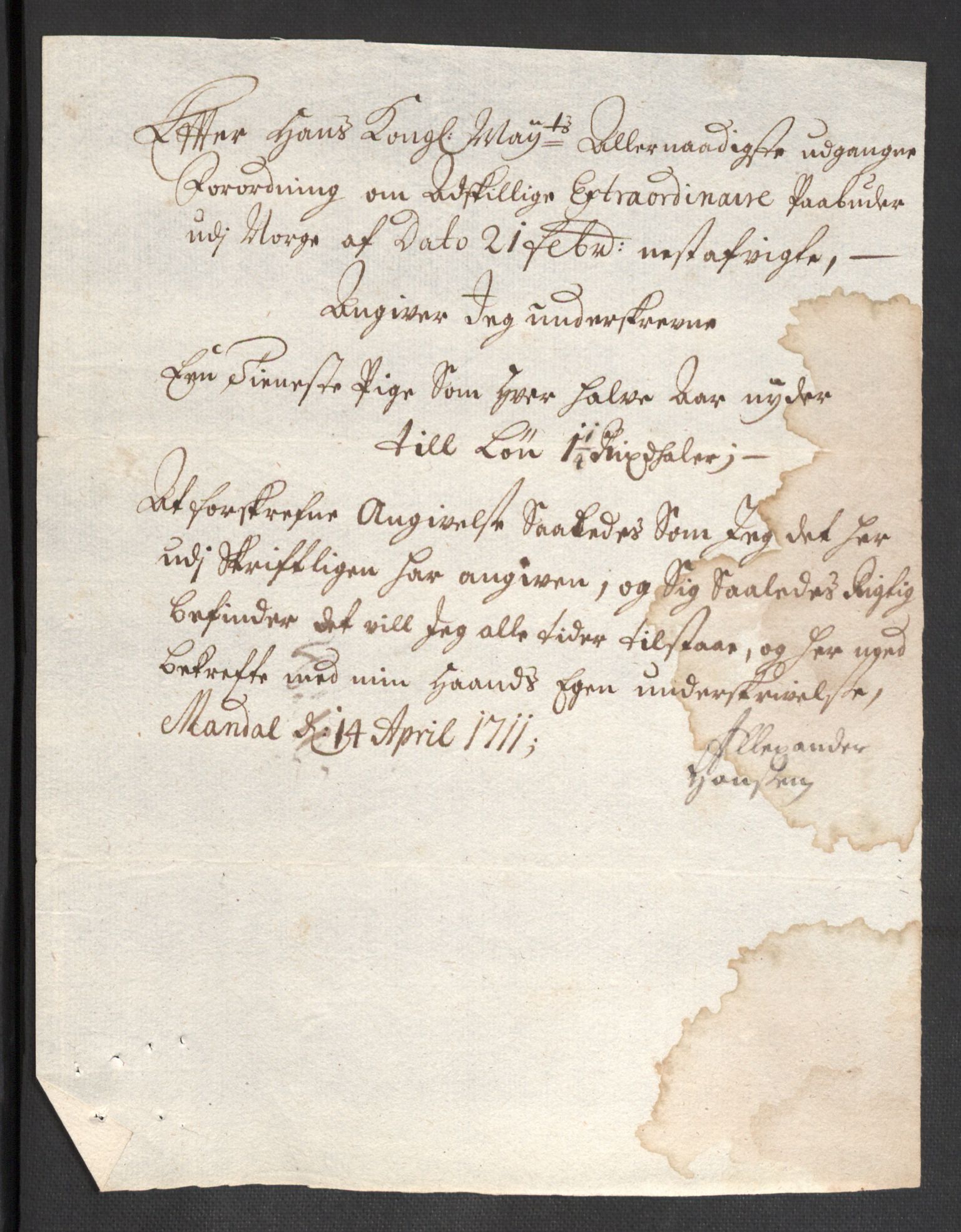 Rentekammeret inntil 1814, Reviderte regnskaper, Fogderegnskap, AV/RA-EA-4092/R43/L2554: Fogderegnskap Lista og Mandal, 1711, p. 480