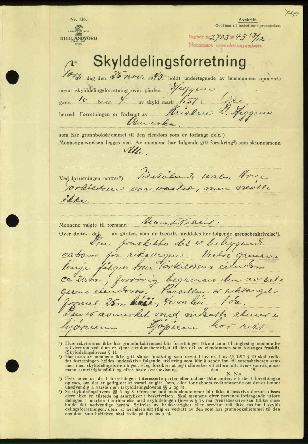 Nordmøre sorenskriveri, SAT/A-4132/1/2/2Ca: Mortgage book no. A96, 1943-1944, Diary no: : 2703/1943