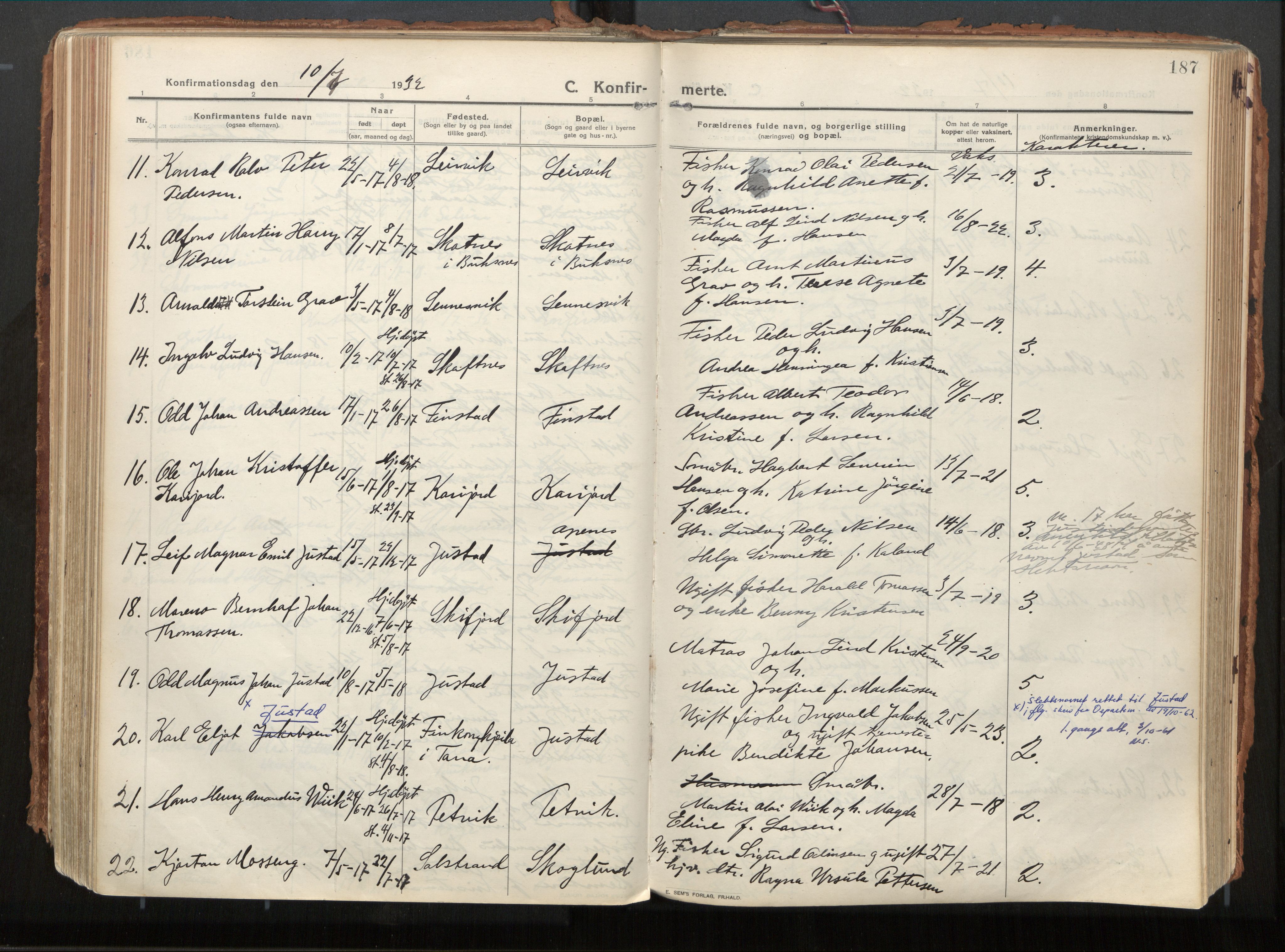 Ministerialprotokoller, klokkerbøker og fødselsregistre - Nordland, SAT/A-1459/882/L1181: Parish register (official) no. 882A03, 1913-1937, p. 187