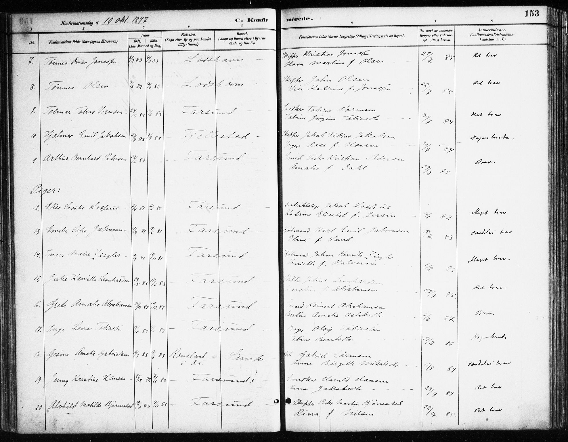 Farsund sokneprestkontor, SAK/1111-0009/F/Fa/L0006: Parish register (official) no. A 6, 1887-1920, p. 153