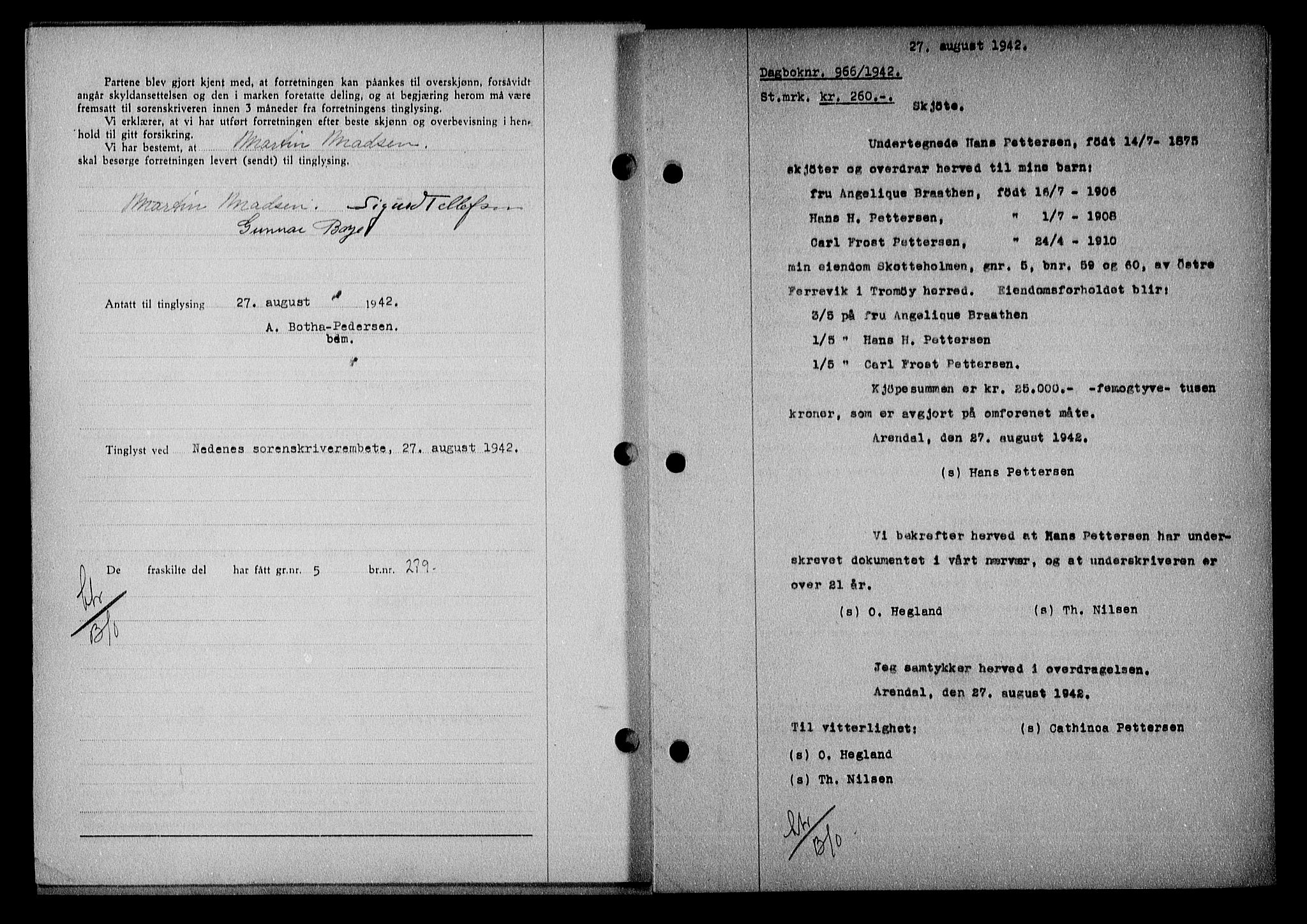 Nedenes sorenskriveri, SAK/1221-0006/G/Gb/Gba/L0049: Mortgage book no. A-III, 1941-1942, Diary no: : 966/1942