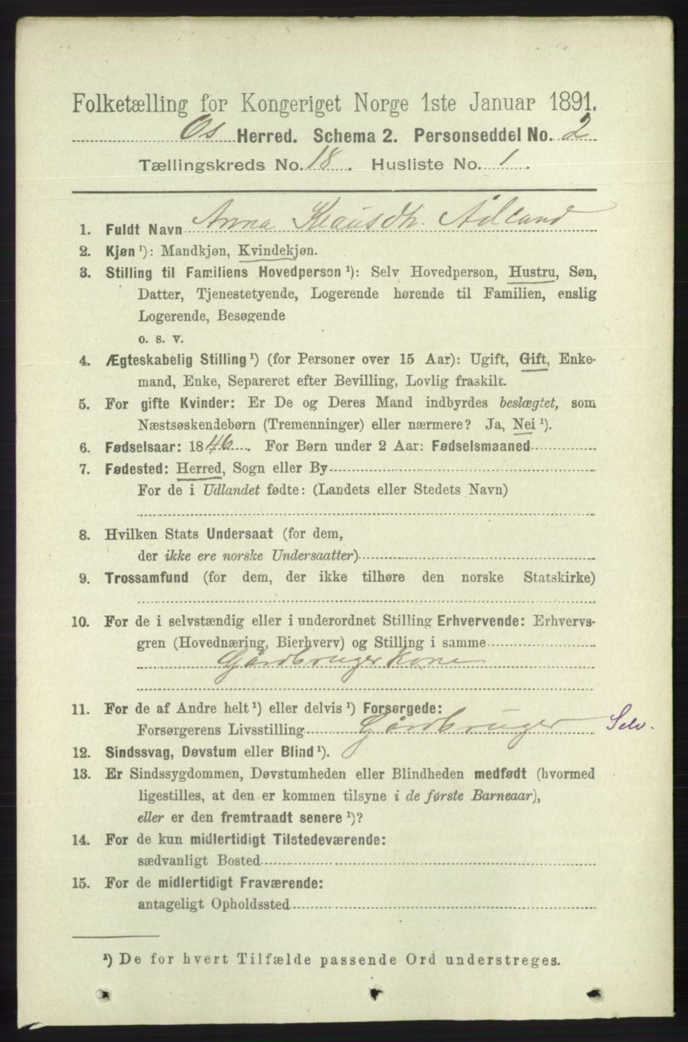 RA, 1891 census for 1243 Os, 1891, p. 3911