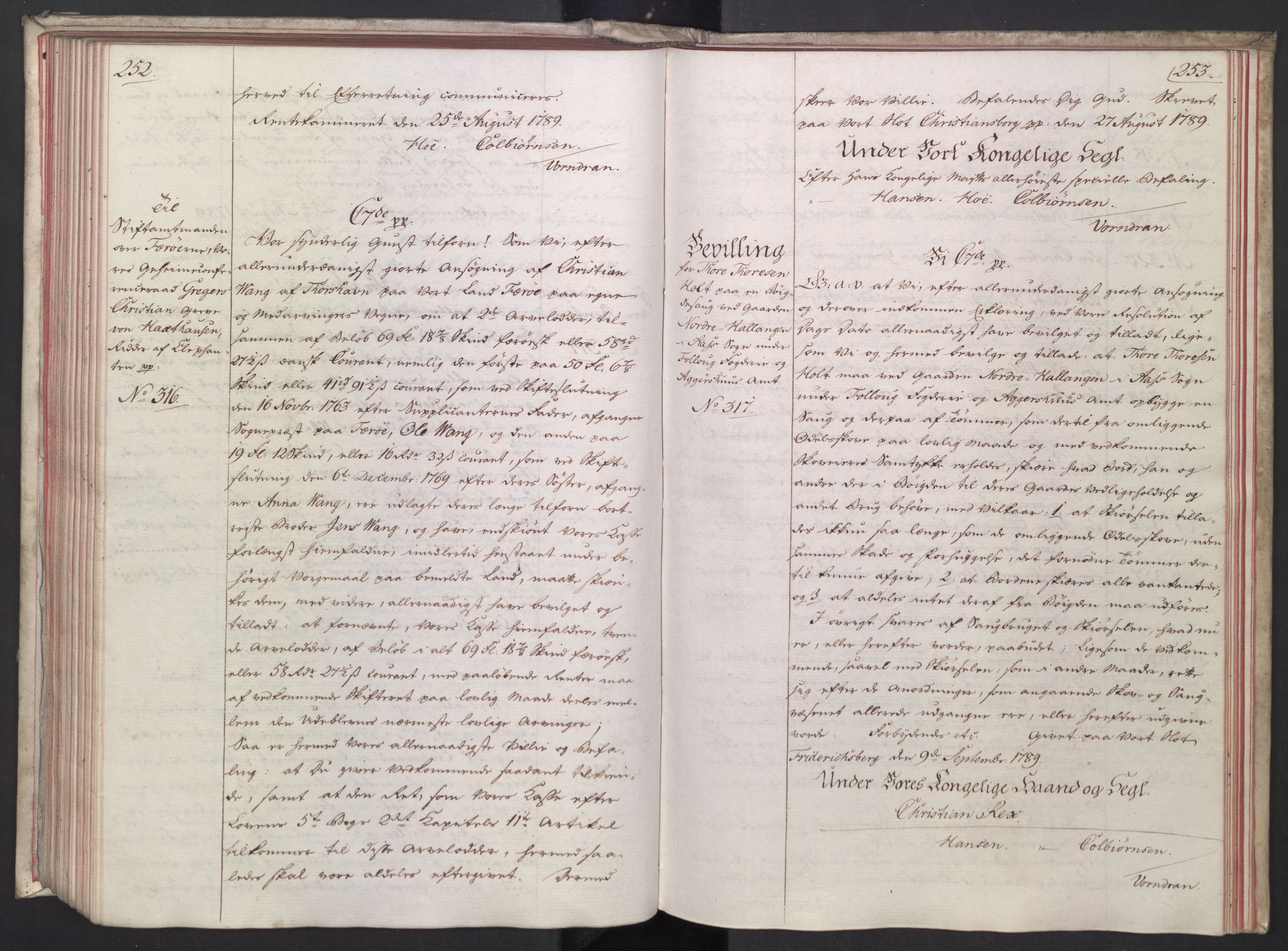 Rentekammeret, Kammerkanselliet, RA/EA-3111/G/Gg/Gga/L0014: Norsk ekspedisjonsprotokoll med register (merket RK 53.14), 1787-1790, p. 252-253