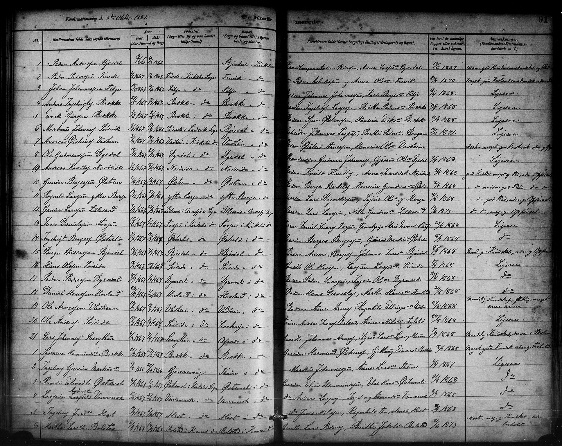 Lavik sokneprestembete, SAB/A-80901: Parish register (copy) no. B 3, 1882-1913, p. 91