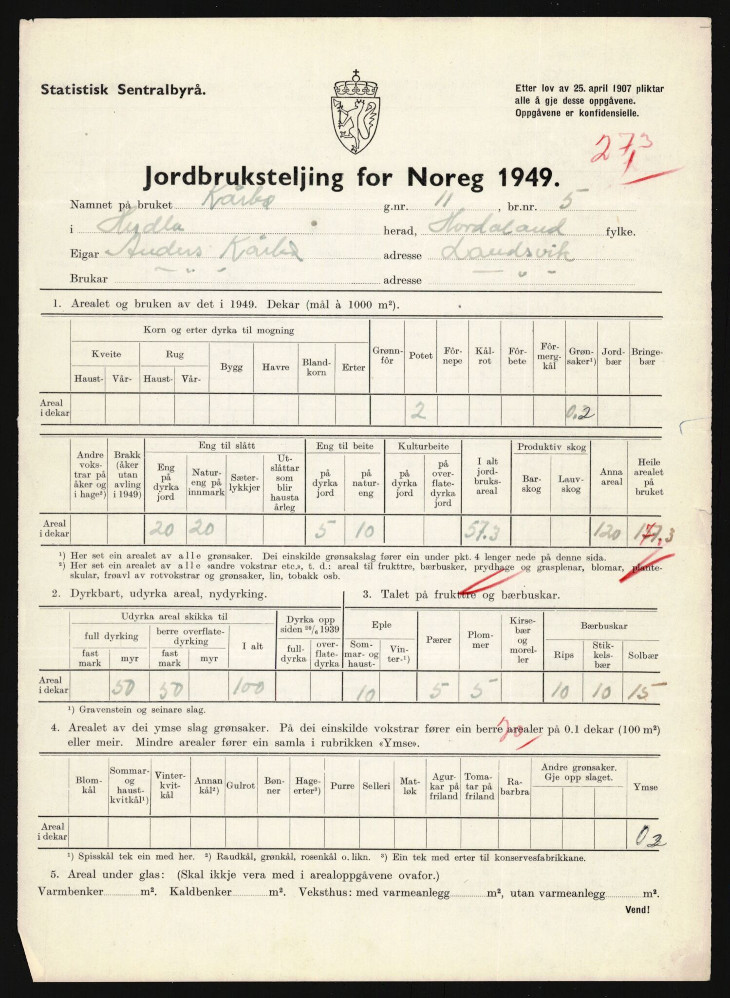 Statistisk sentralbyrå, Næringsøkonomiske emner, Jordbruk, skogbruk, jakt, fiske og fangst, AV/RA-S-2234/G/Gc/L0276: Hordaland: Herdla og Hjelme, 1949, p. 1100