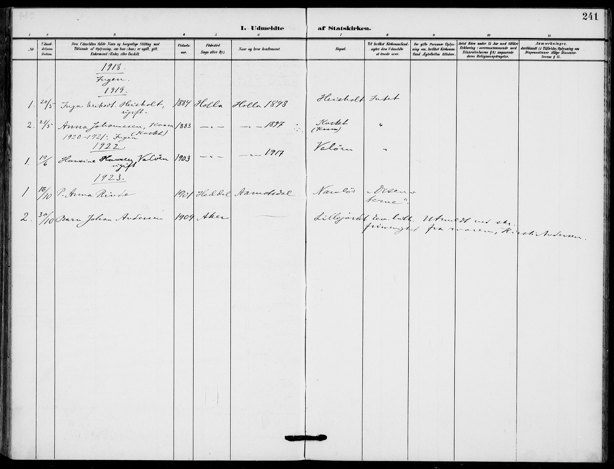 Holla kirkebøker, SAKO/A-272/F/Fa/L0012: Parish register (official) no. 12, 1907-1923, p. 241