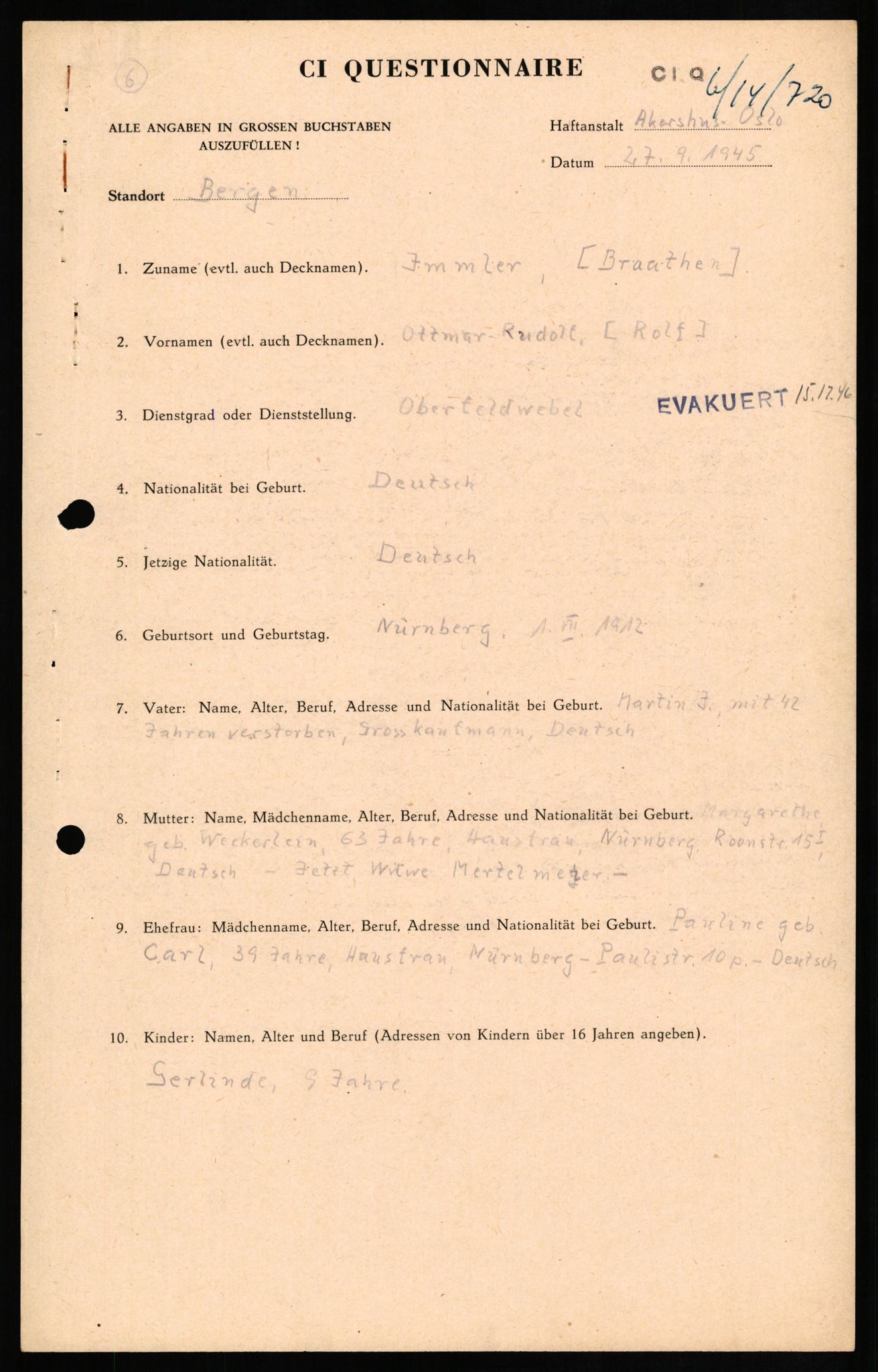 Forsvaret, Forsvarets overkommando II, RA/RAFA-3915/D/Db/L0014: CI Questionaires. Tyske okkupasjonsstyrker i Norge. Tyskere., 1945-1946, p. 369