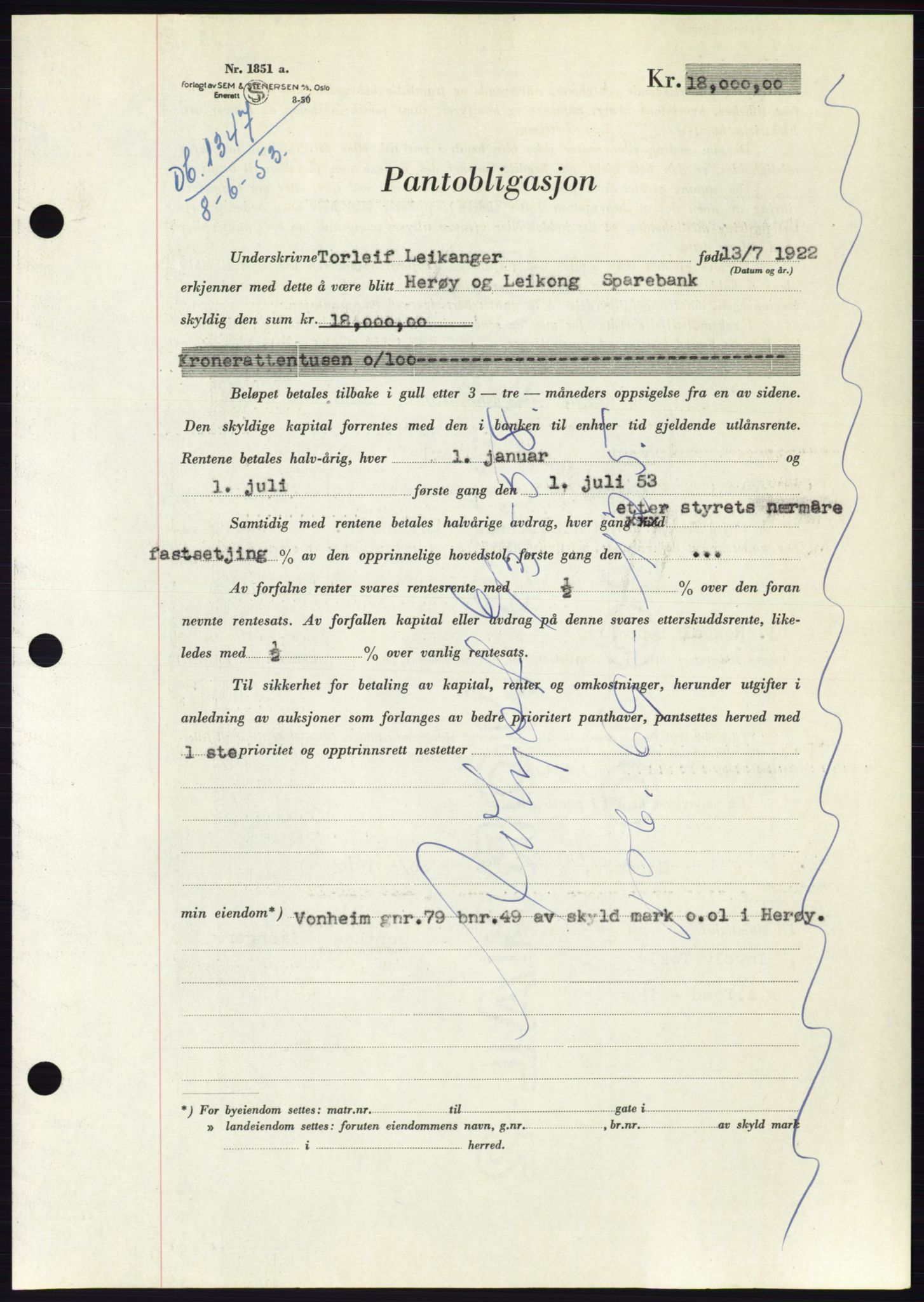 Søre Sunnmøre sorenskriveri, AV/SAT-A-4122/1/2/2C/L0123: Mortgage book no. 11B, 1953-1953, Diary no: : 1347/1953