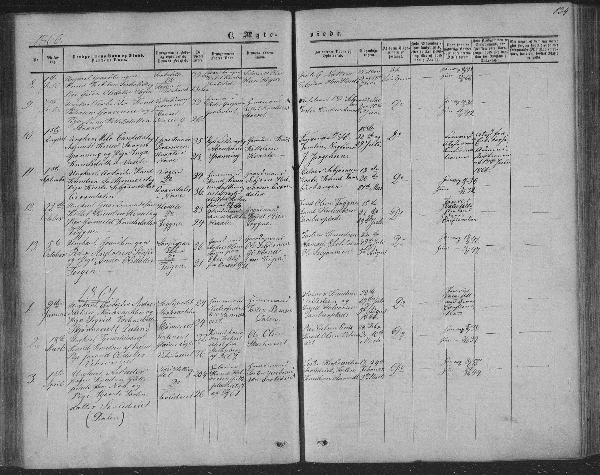 Nore kirkebøker, SAKO/A-238/F/Fa/L0002: Parish register (official) no. I 2, 1856-1871, p. 134