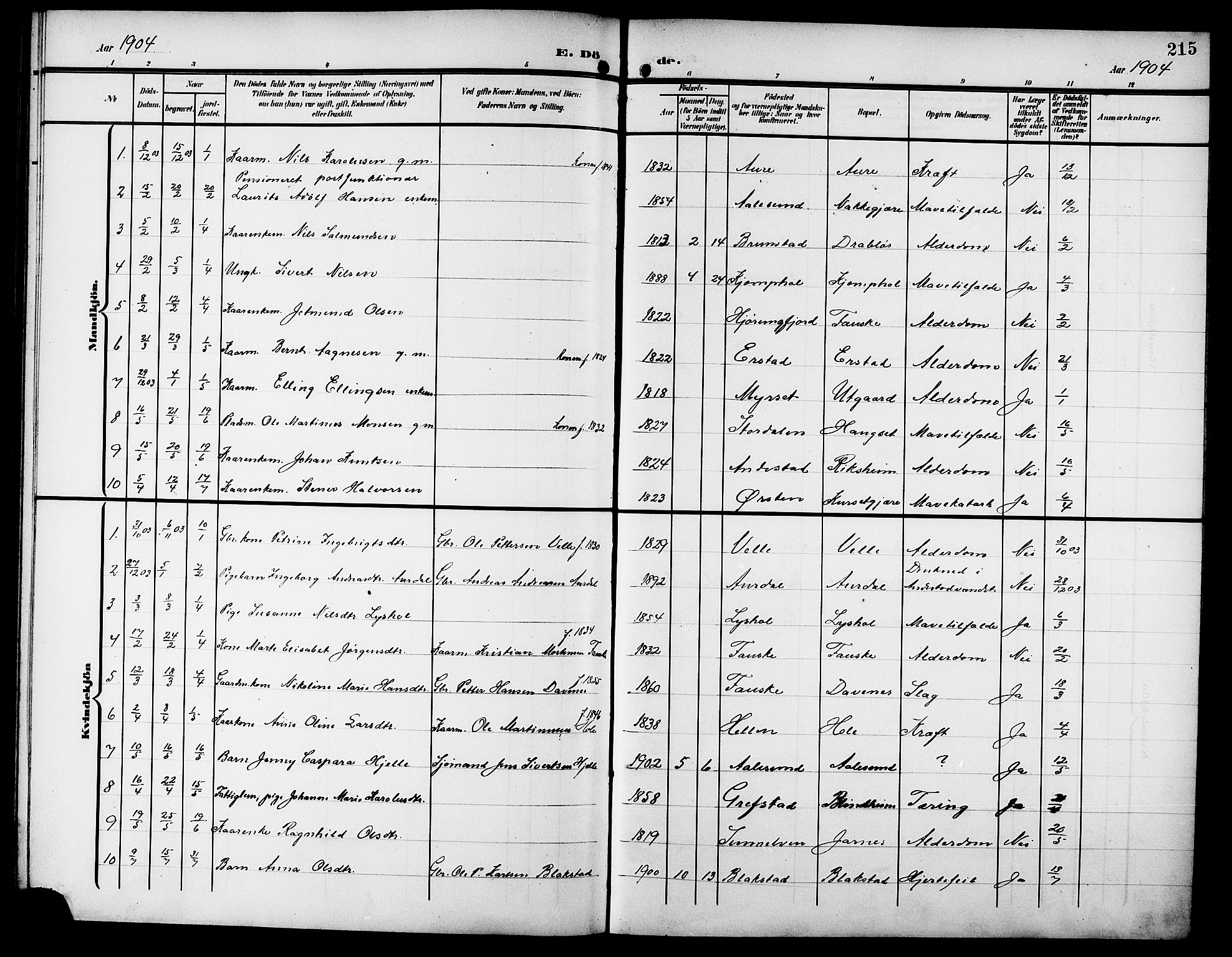 Ministerialprotokoller, klokkerbøker og fødselsregistre - Møre og Romsdal, AV/SAT-A-1454/523/L0341: Parish register (copy) no. 523C04, 1903-1916, p. 215