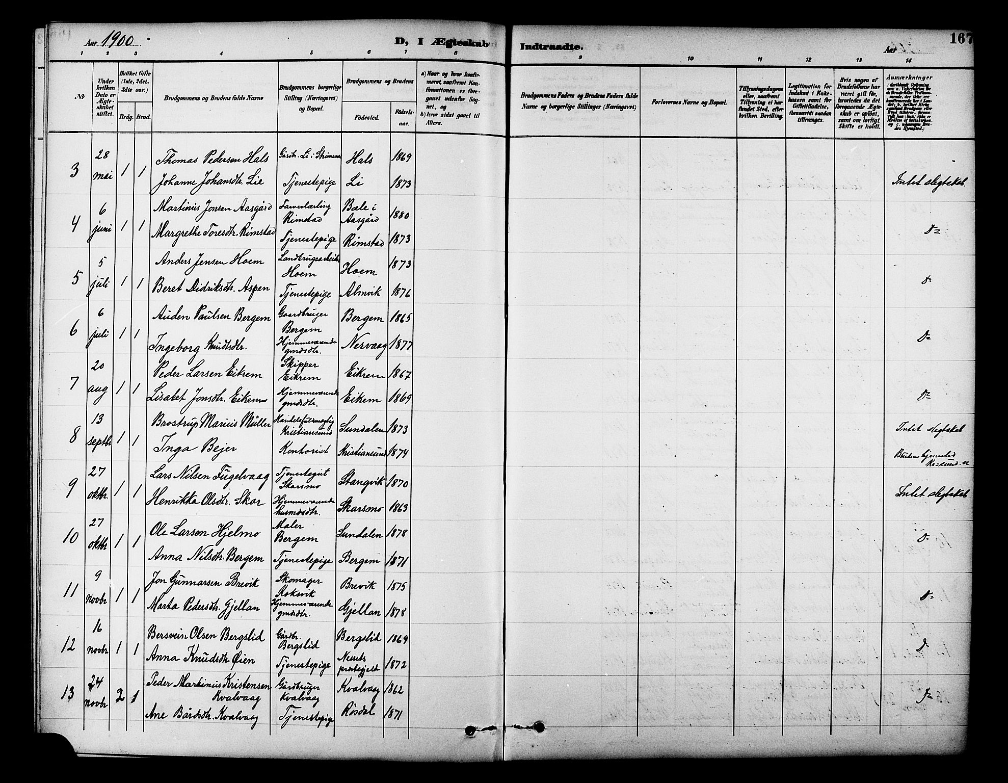 Ministerialprotokoller, klokkerbøker og fødselsregistre - Møre og Romsdal, AV/SAT-A-1454/586/L0992: Parish register (copy) no. 586C03, 1892-1909, p. 167