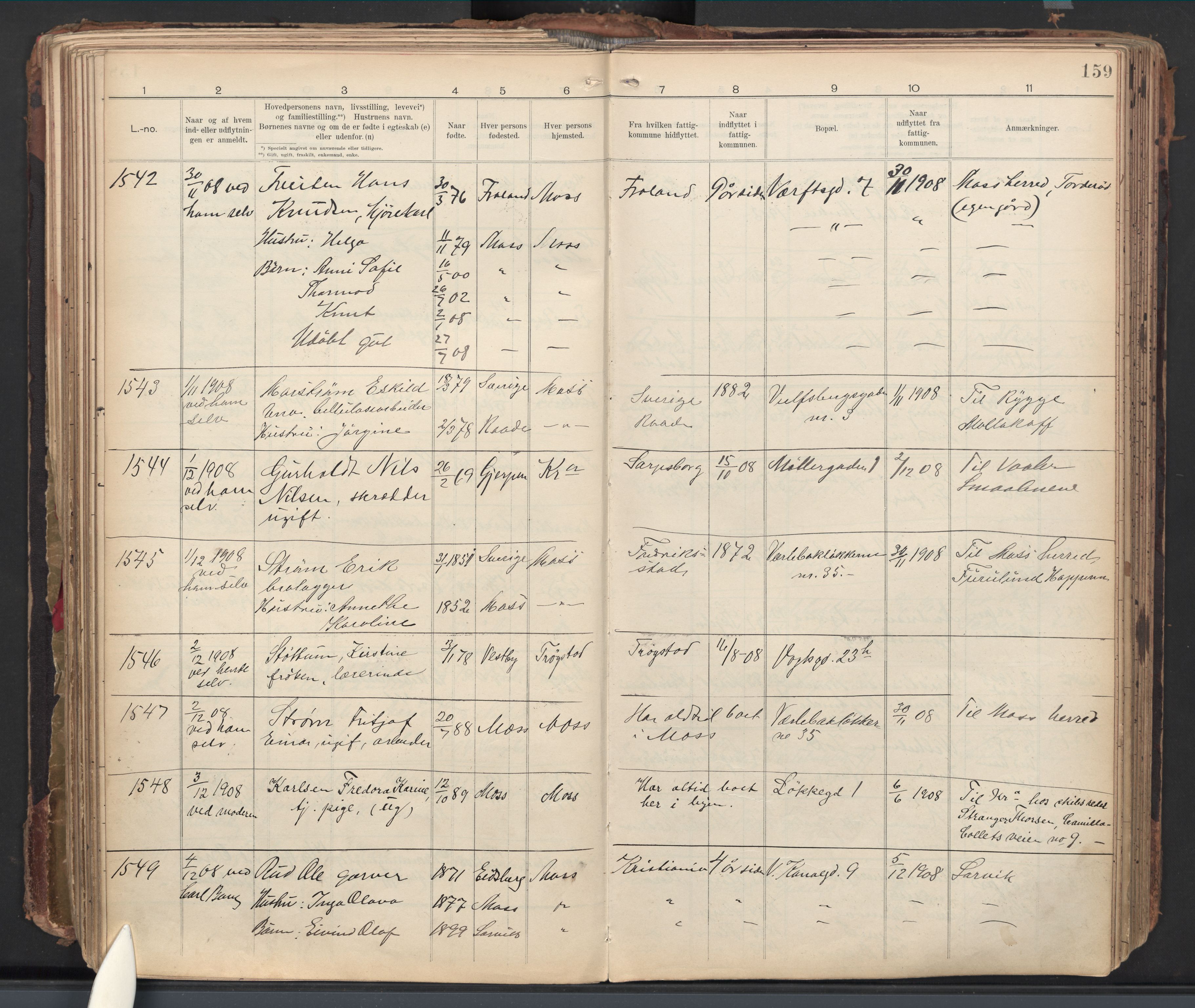 Moss folkeregister, SAO/A-10020/J/L0002: Inn- og utflyttede i Moss fattigkommune, 1905-1913, p. 159