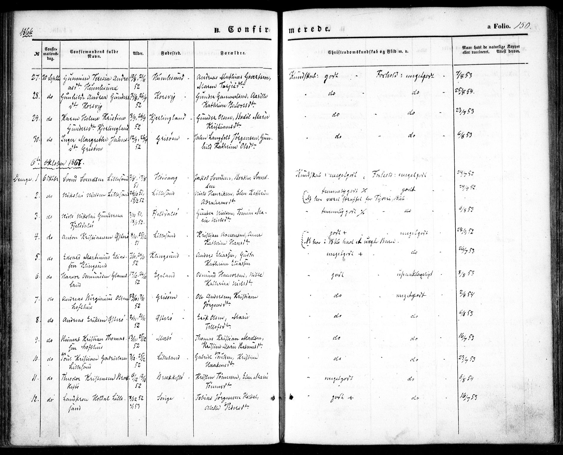 Vestre Moland sokneprestkontor, SAK/1111-0046/F/Fa/Fab/L0007: Parish register (official) no. A 7, 1859-1872, p. 150