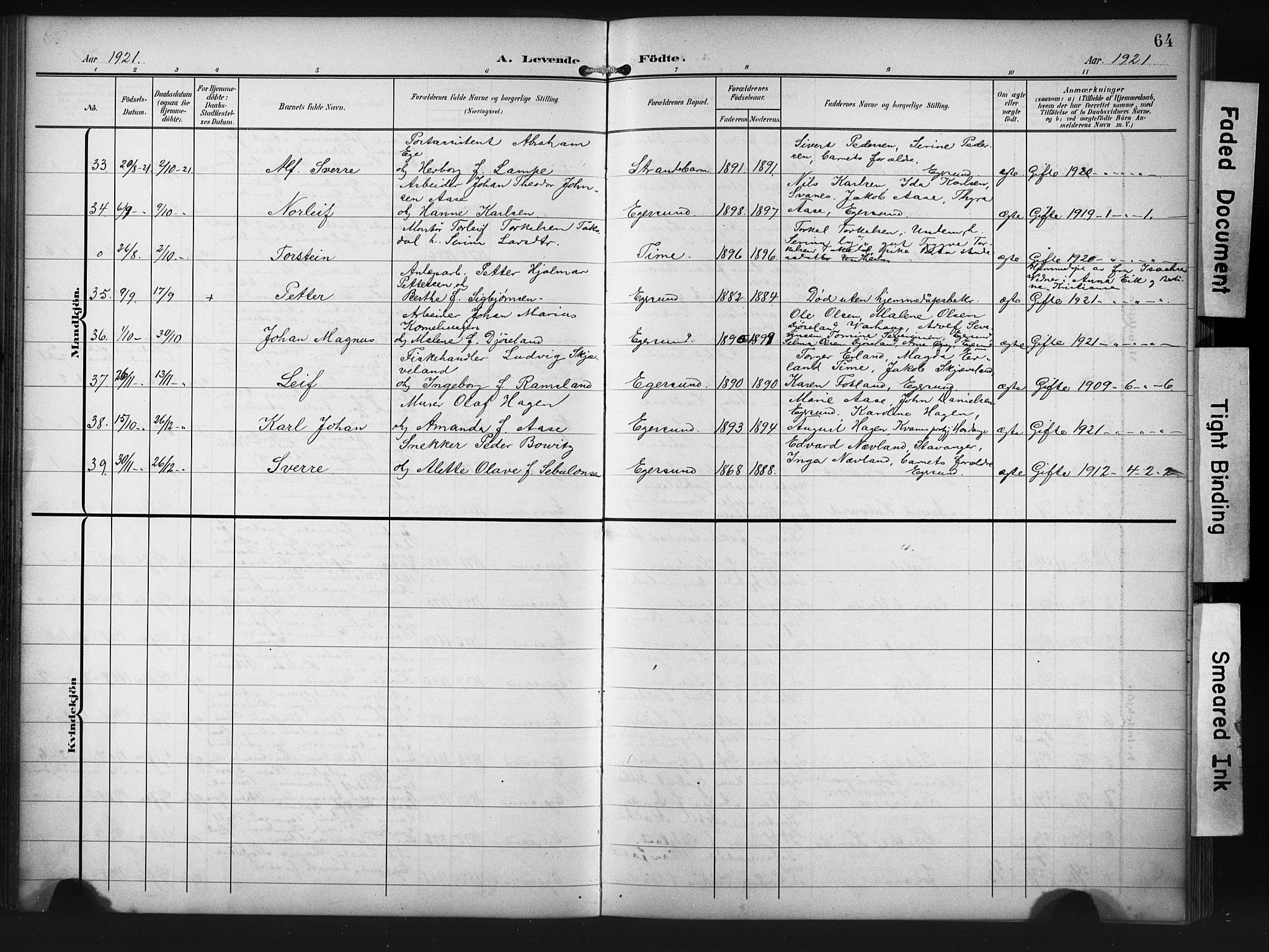 Eigersund sokneprestkontor, SAST/A-101807/S09/L0012: Parish register (copy) no. B 12, 1908-1930, p. 64