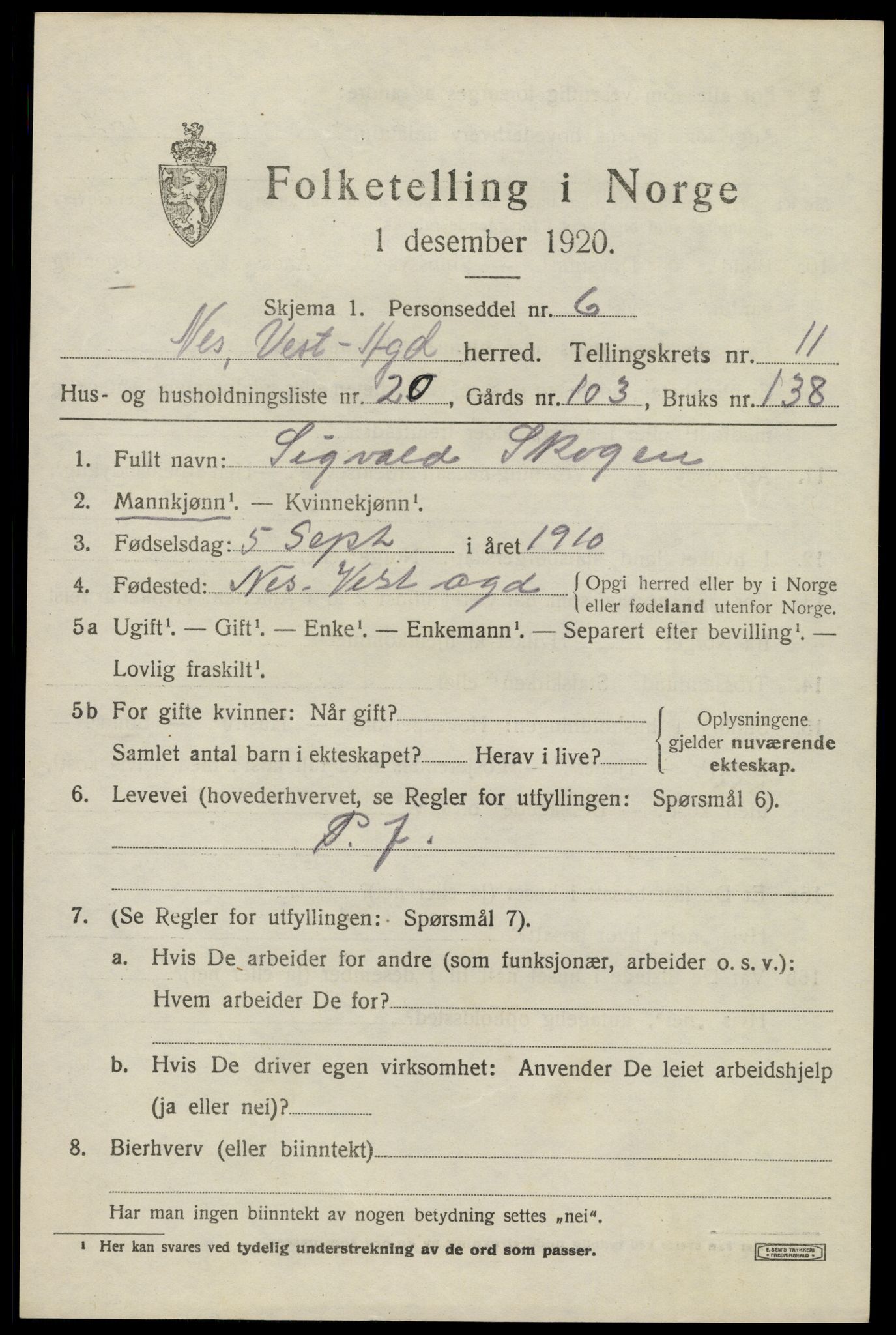 SAK, 1920 census for Nes (V-A), 1920, p. 4230