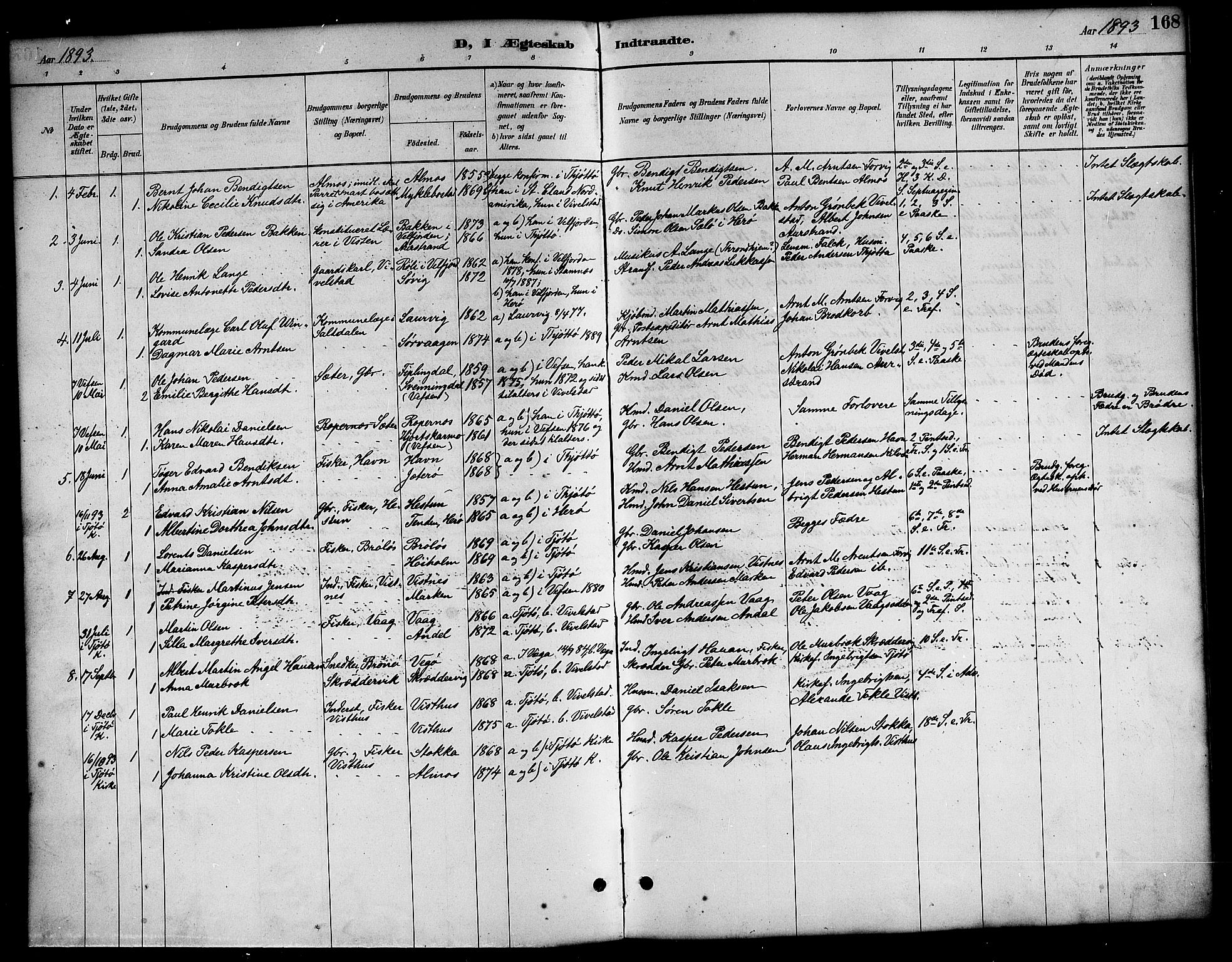 Ministerialprotokoller, klokkerbøker og fødselsregistre - Nordland, SAT/A-1459/819/L0277: Parish register (copy) no. 819C03, 1888-1917, p. 168