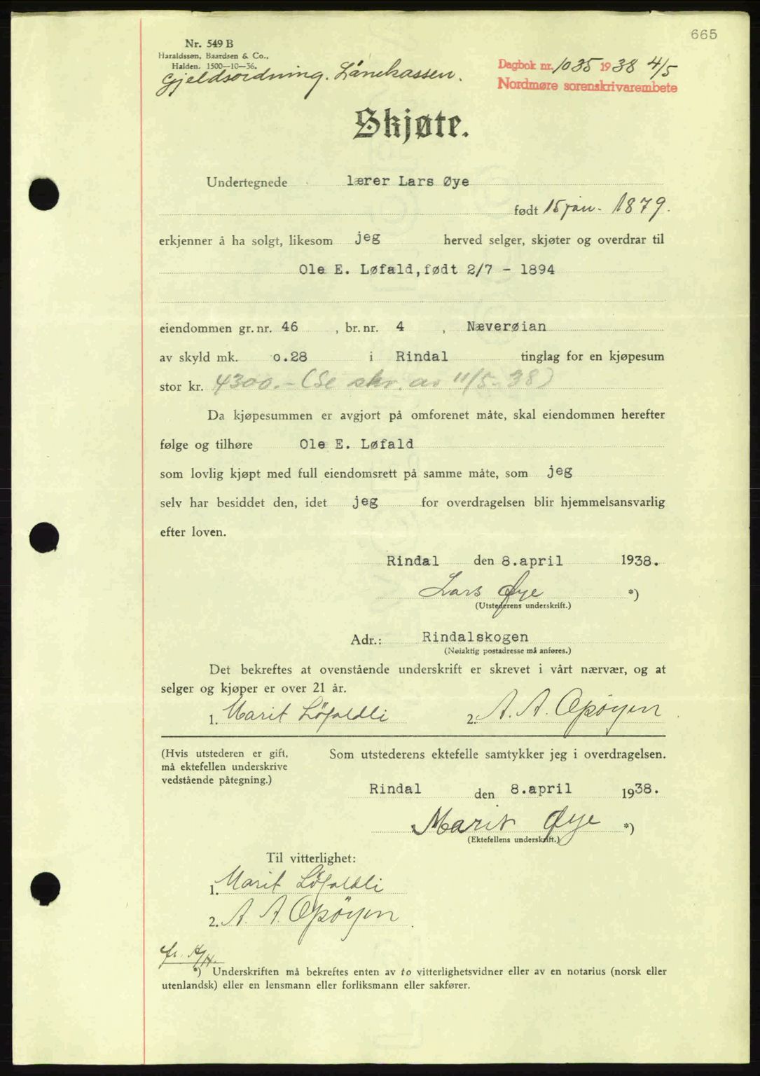 Nordmøre sorenskriveri, AV/SAT-A-4132/1/2/2Ca: Mortgage book no. A83, 1938-1938, Diary no: : 1035/1938