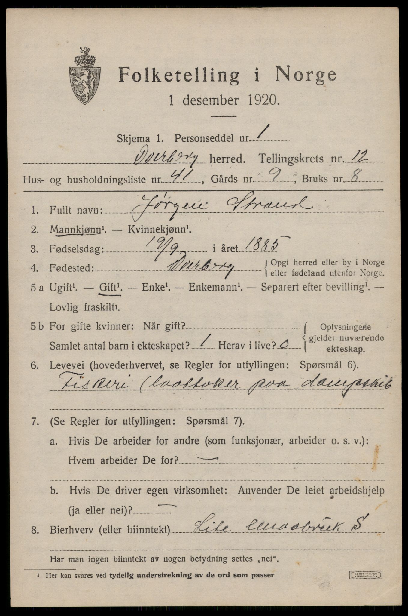 SAT, 1920 census for Dverberg, 1920, p. 9888