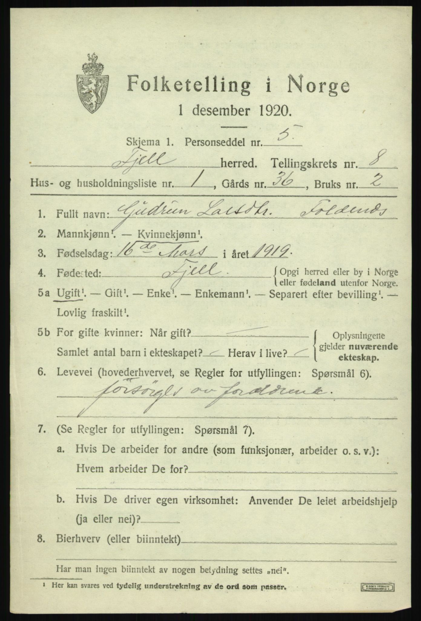 SAB, 1920 census for Fjell, 1920, p. 7126