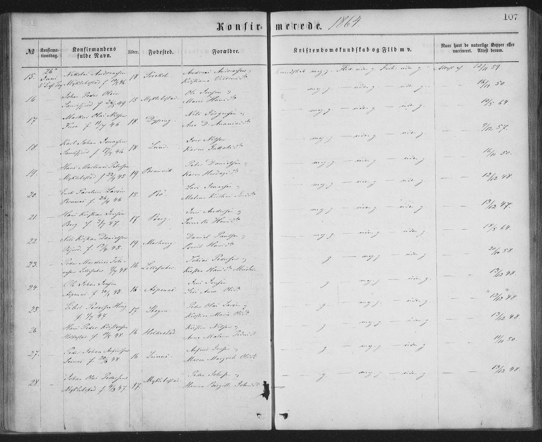 Ministerialprotokoller, klokkerbøker og fødselsregistre - Nordland, AV/SAT-A-1459/855/L0801: Parish register (official) no. 855A09, 1864-1874, p. 107