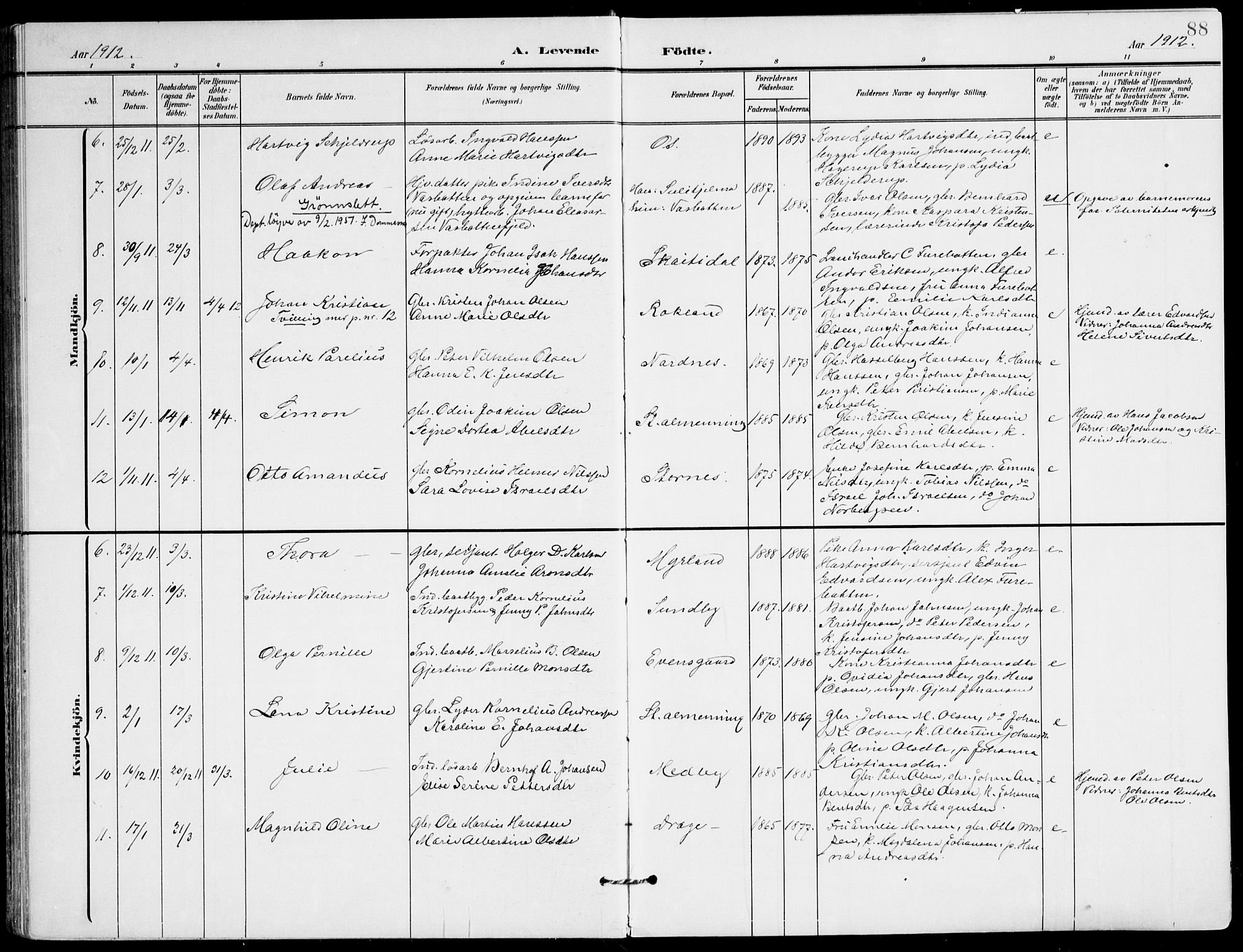 Ministerialprotokoller, klokkerbøker og fødselsregistre - Nordland, AV/SAT-A-1459/847/L0672: Parish register (official) no. 847A12, 1902-1919, p. 88