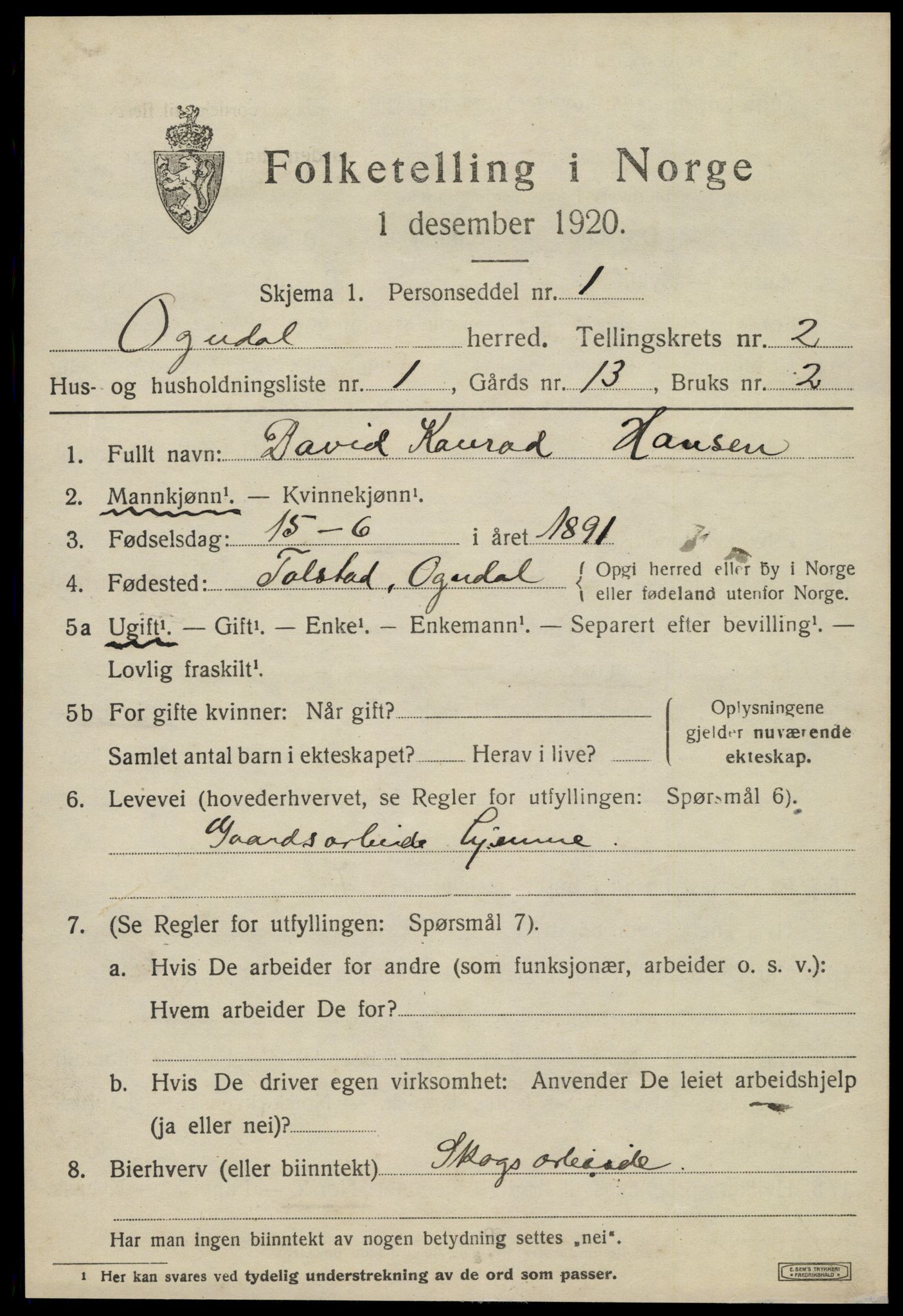 SAT, 1920 census for Ogndal, 1920, p. 703