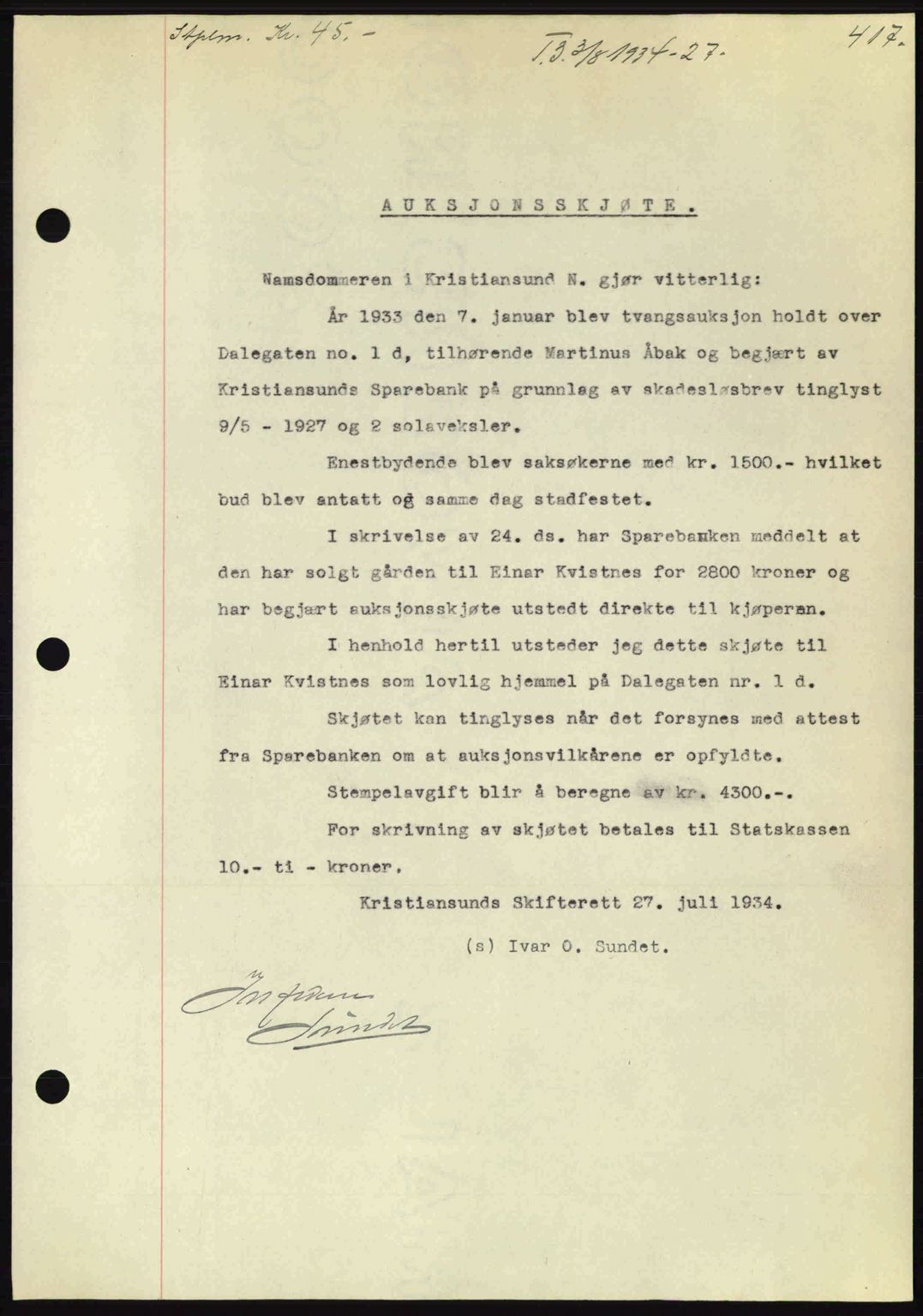 Kristiansund byfogd, AV/SAT-A-4587/A/27: Mortgage book no. 27, 1933-1934, Deed date: 03.08.1934