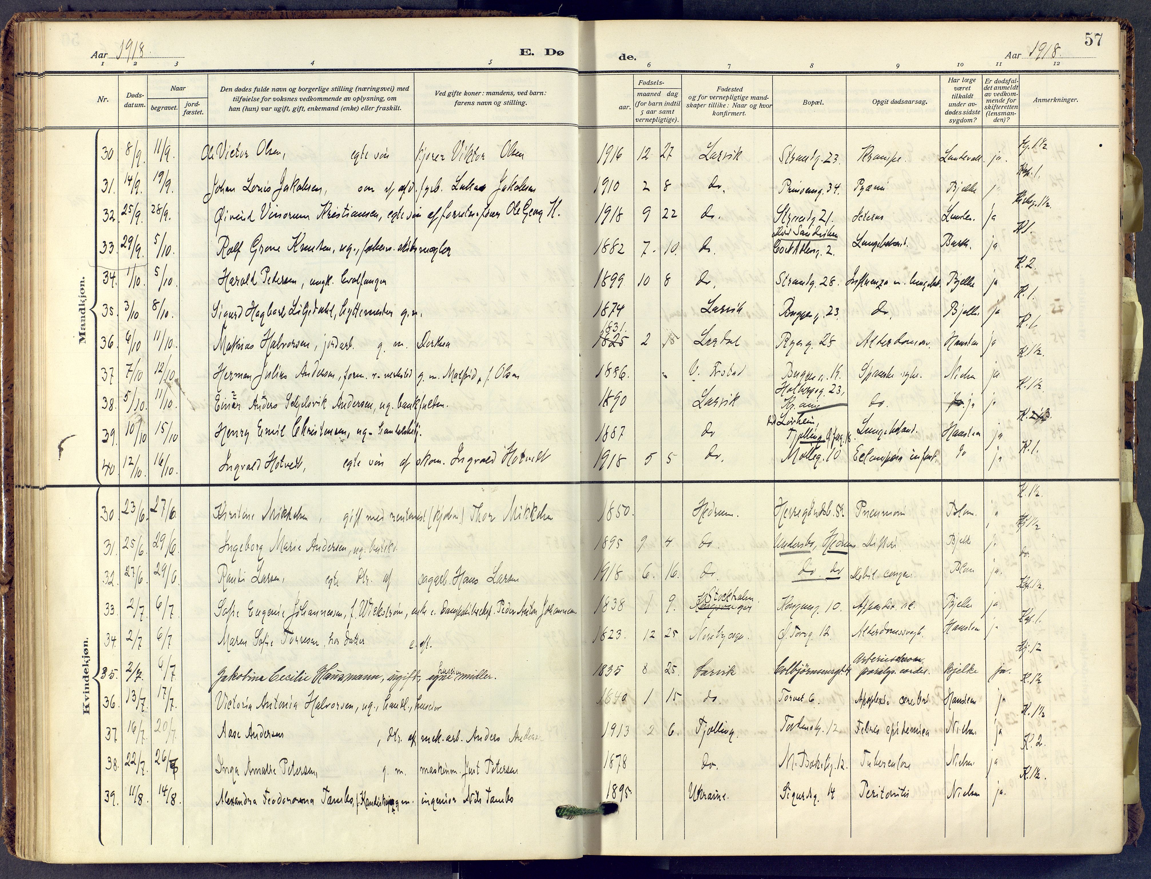 Larvik kirkebøker, SAKO/A-352/F/Fa/L0013: Parish register (official) no. I 13, 1910-1960, p. 57