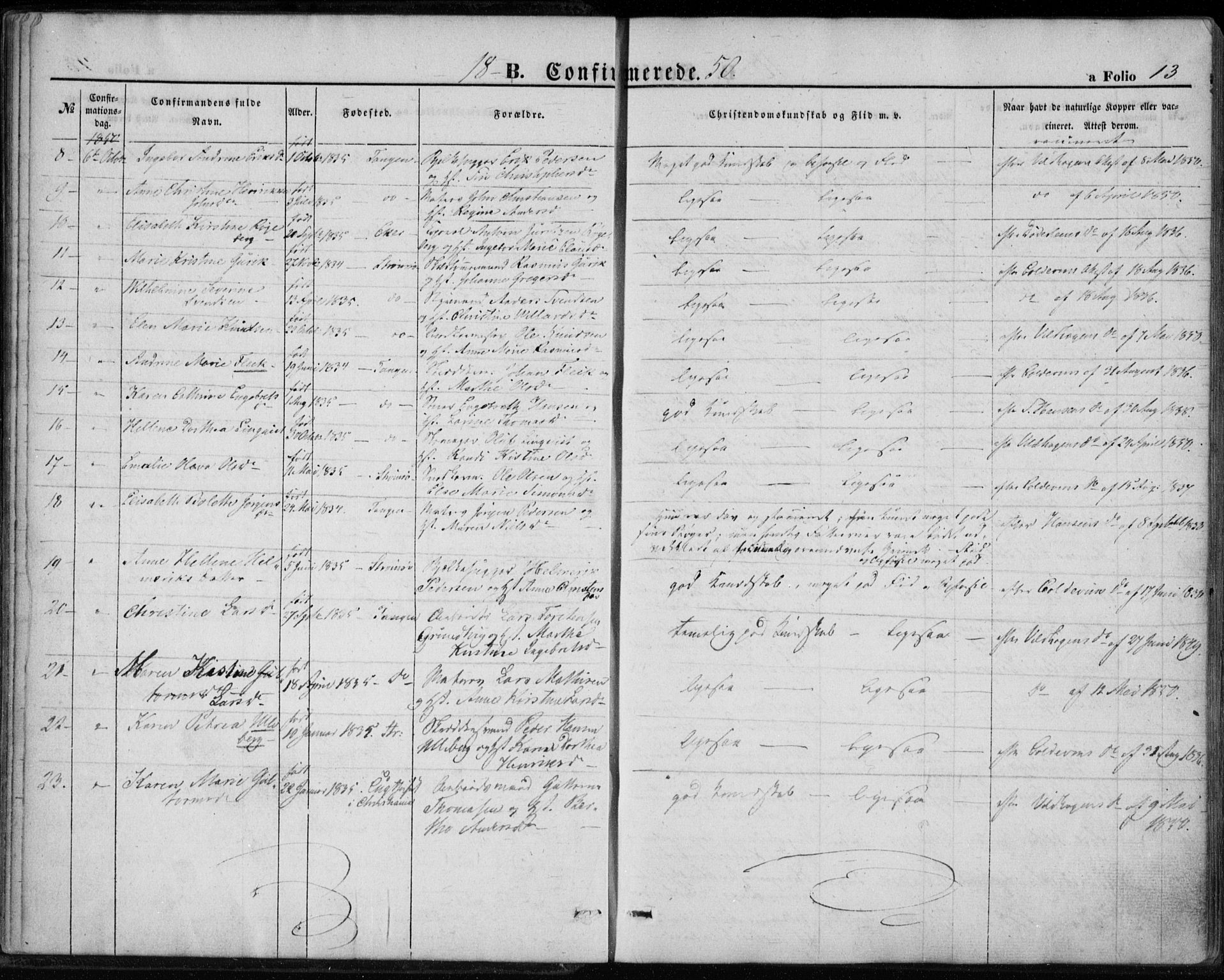 Strømsø kirkebøker, AV/SAKO-A-246/F/Fa/L0017: Parish register (official) no. I 17, 1848-1865, p. 13