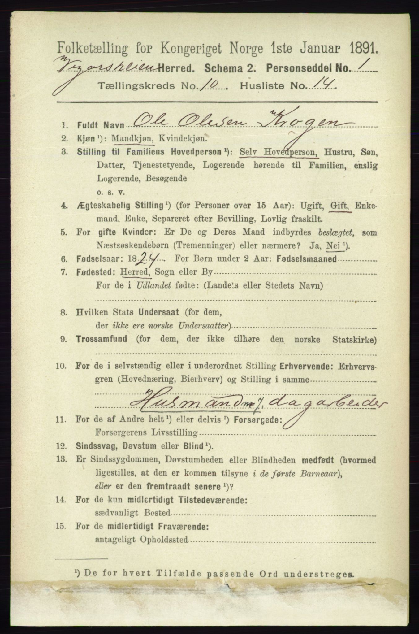 RA, 1891 census for 0912 Vegårshei, 1891, p. 2035