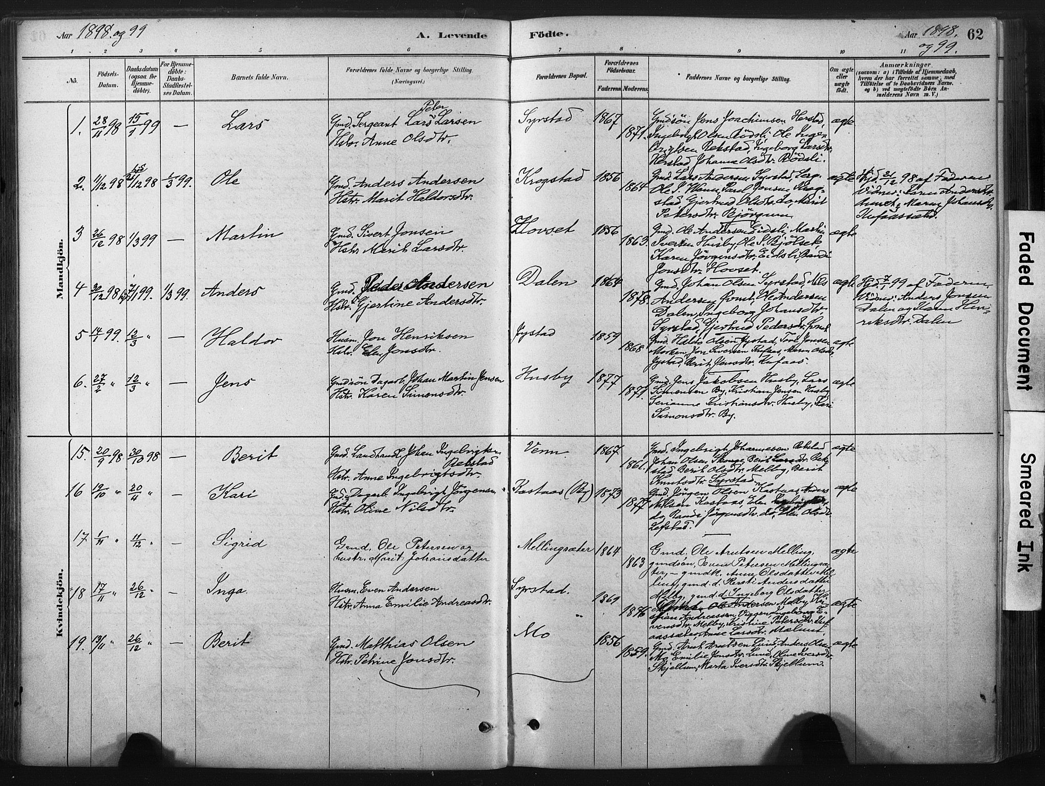 Ministerialprotokoller, klokkerbøker og fødselsregistre - Sør-Trøndelag, SAT/A-1456/667/L0795: Parish register (official) no. 667A03, 1879-1907, p. 62
