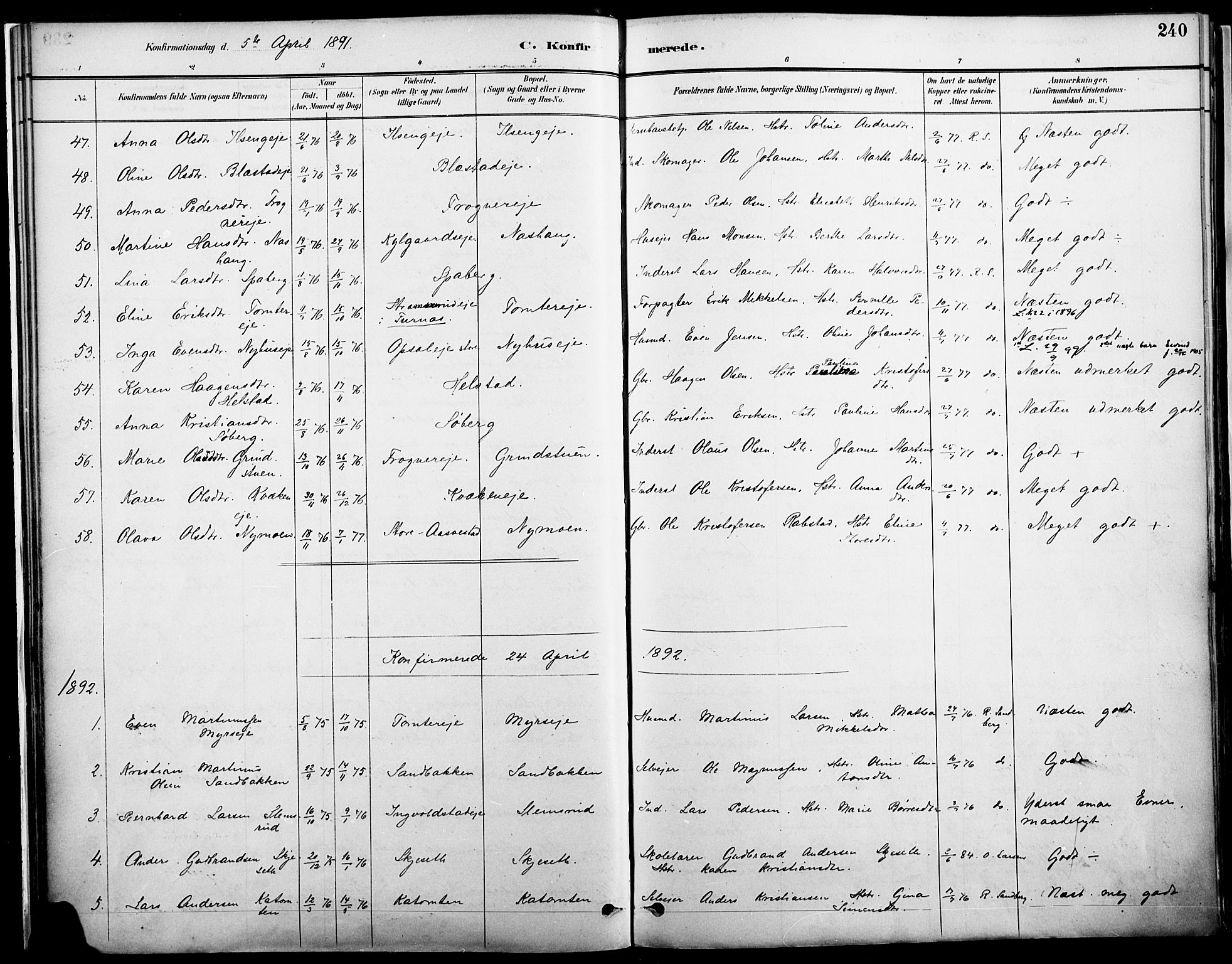 Vang prestekontor, Hedmark, SAH/PREST-008/H/Ha/Haa/L0019A: Parish register (official) no. 19, 1886-1900, p. 240
