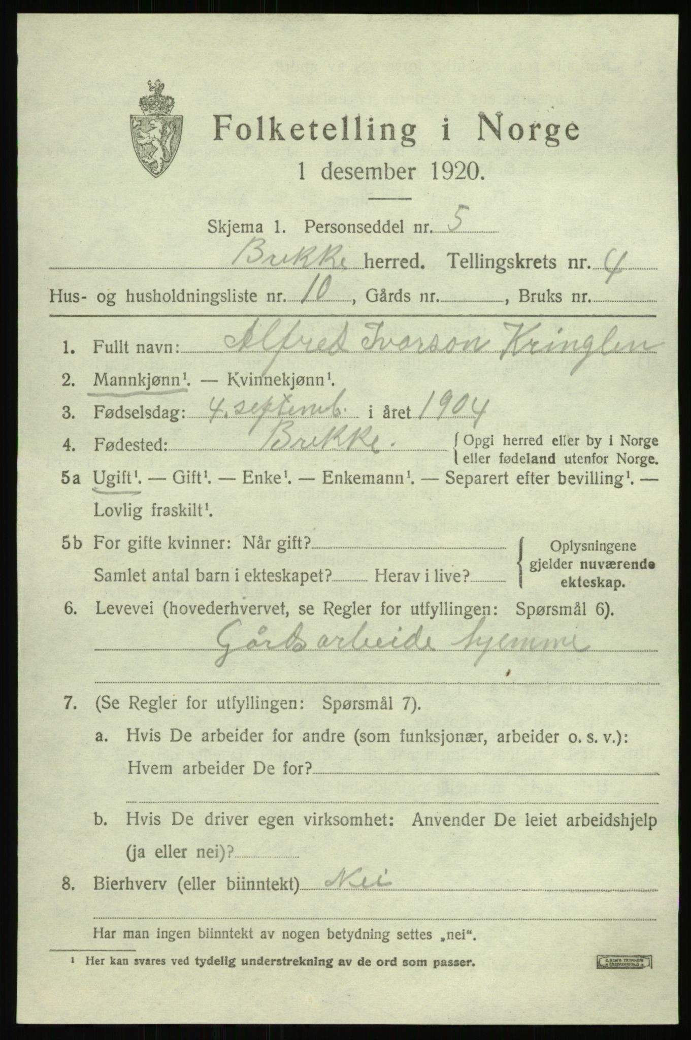 SAB, 1920 census for Brekke, 1920, p. 1060