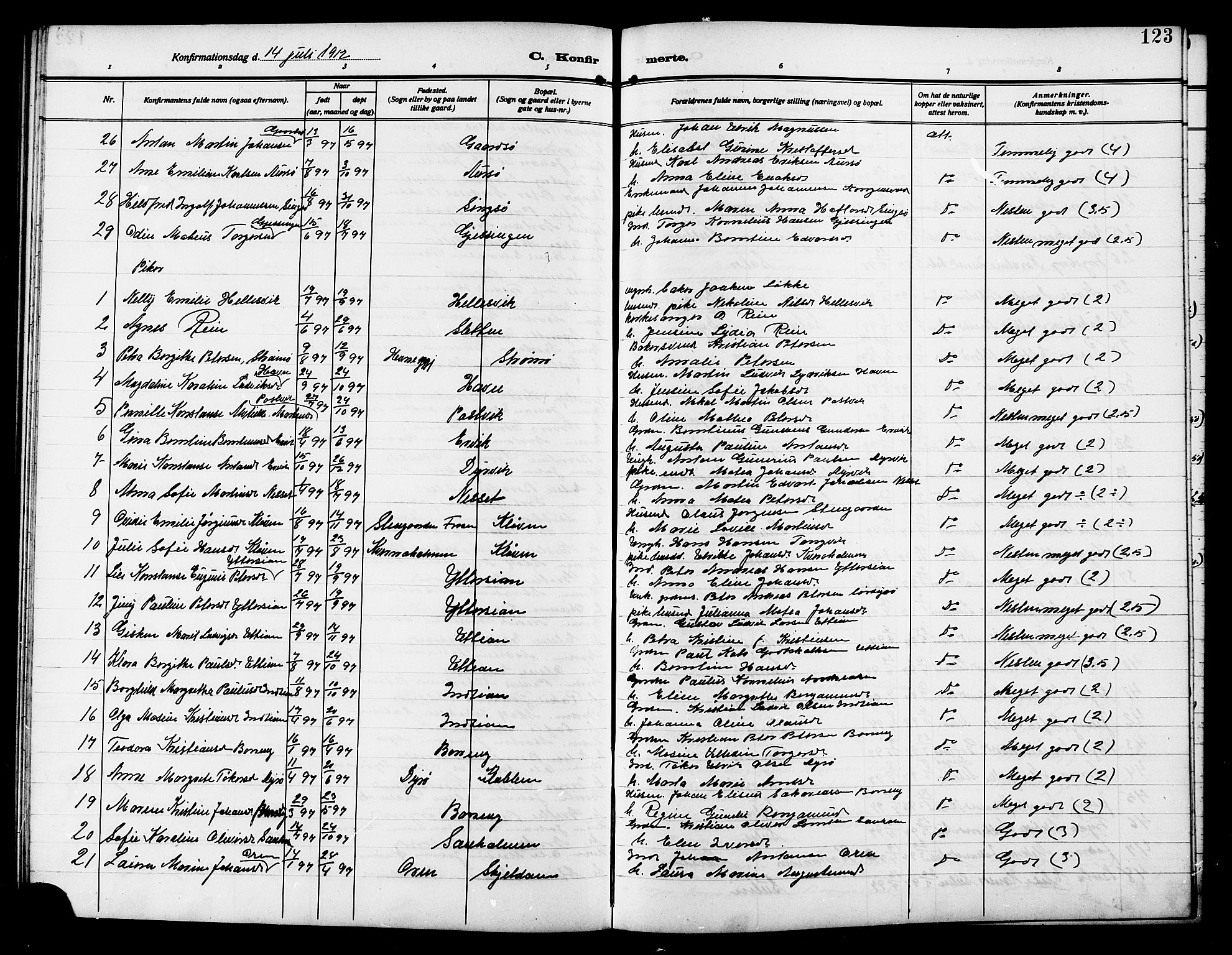 Ministerialprotokoller, klokkerbøker og fødselsregistre - Sør-Trøndelag, SAT/A-1456/640/L0588: Parish register (copy) no. 640C05, 1909-1922, p. 123