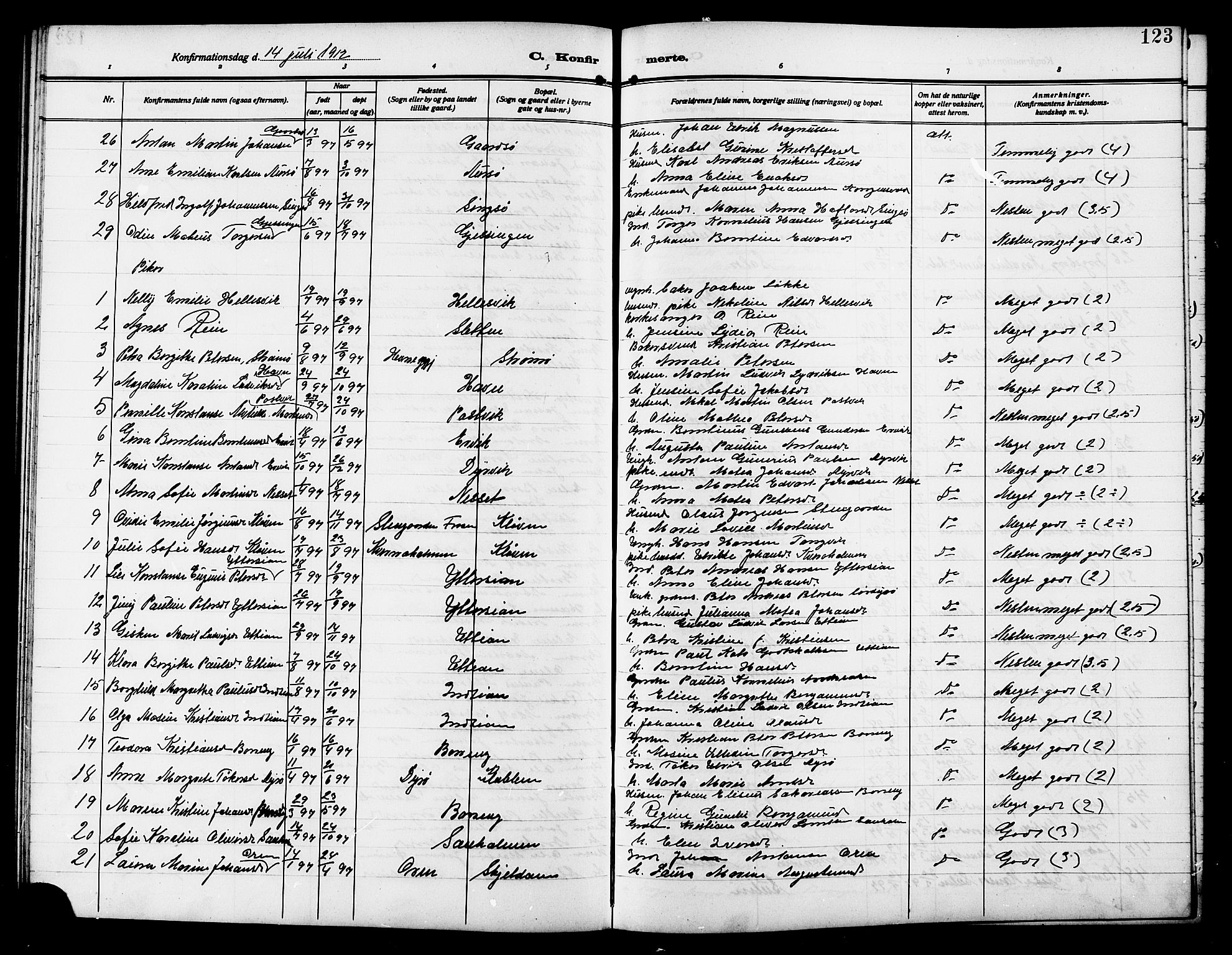 Ministerialprotokoller, klokkerbøker og fødselsregistre - Sør-Trøndelag, AV/SAT-A-1456/640/L0588: Parish register (copy) no. 640C05, 1909-1922, p. 123