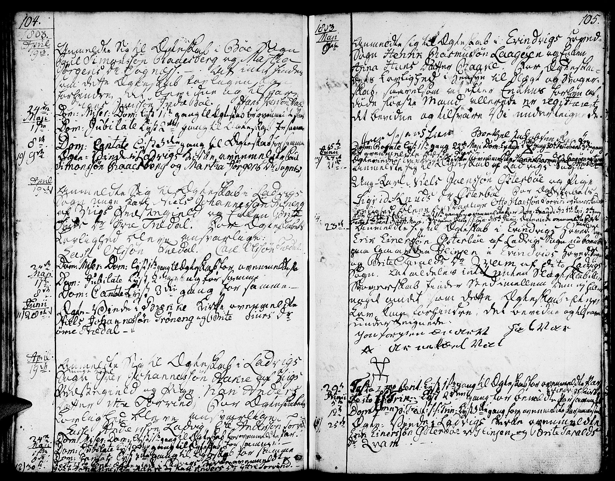 Gulen sokneprestembete, AV/SAB-A-80201/H/Haa/Haaa/L0016: Parish register (official) no. A 16, 1798-1808, p. 104-105