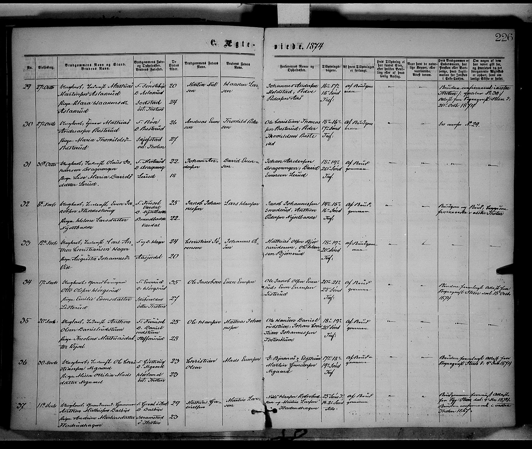 Vestre Toten prestekontor, SAH/PREST-108/H/Ha/Haa/L0008: Parish register (official) no. 8, 1870-1877, p. 226