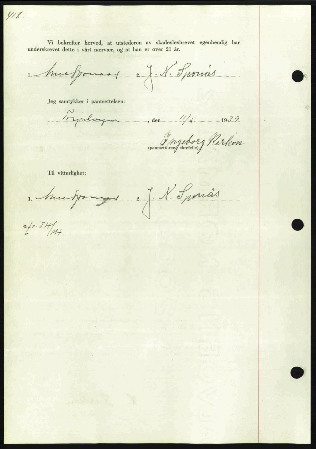 Nordmøre sorenskriveri, AV/SAT-A-4132/1/2/2Ca: Mortgage book no. B85, 1939-1939, Diary no: : 1459/1939