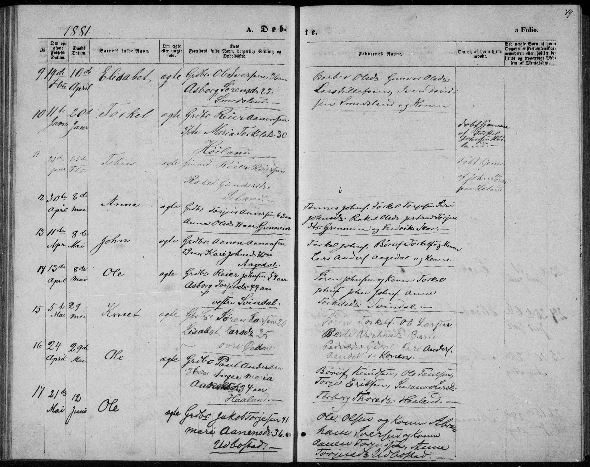 Bjelland sokneprestkontor, AV/SAK-1111-0005/F/Fb/Fbc/L0002: Parish register (copy) no. B 2, 1867-1887, p. 49