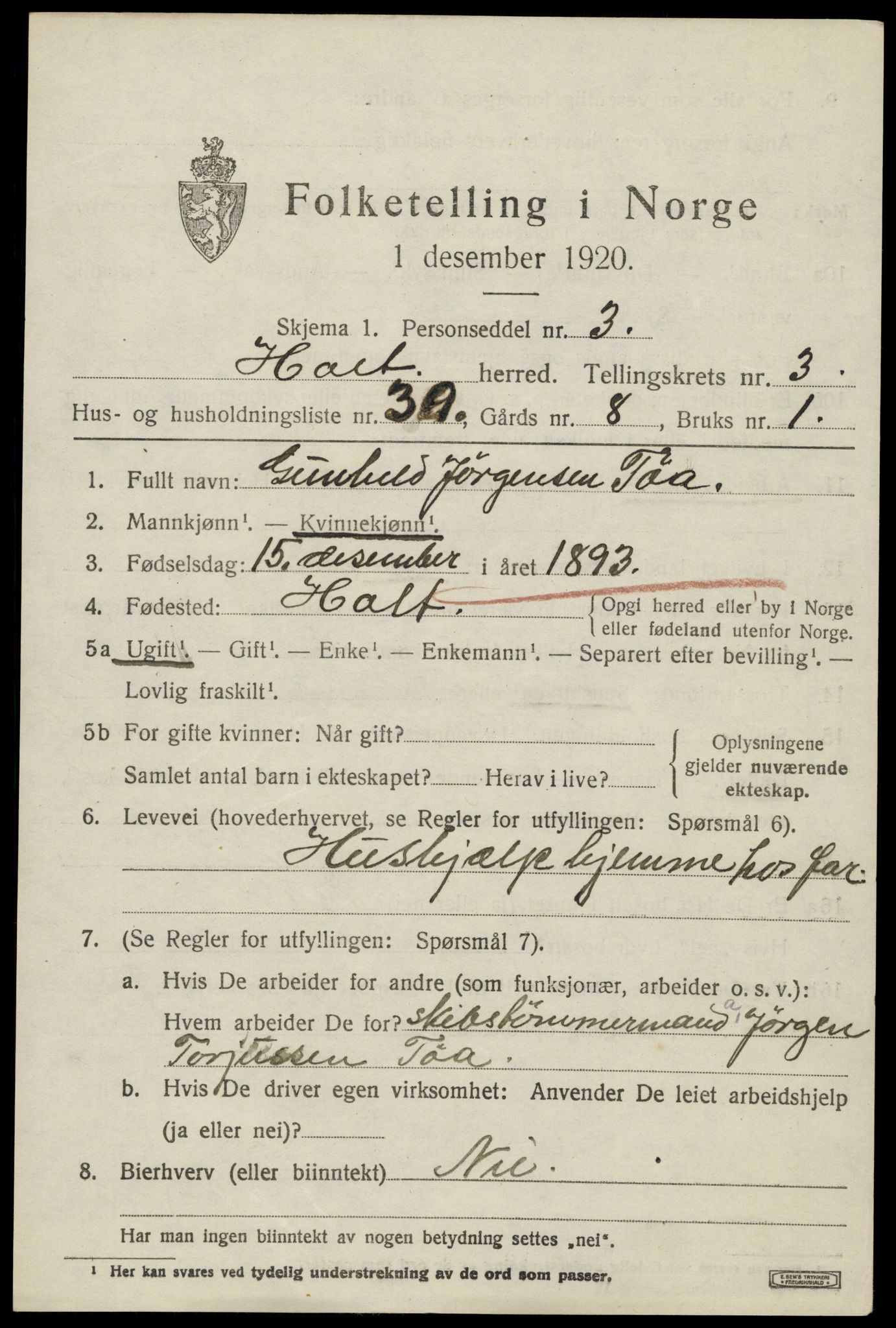 SAK, 1920 census for Holt, 1920, p. 2804