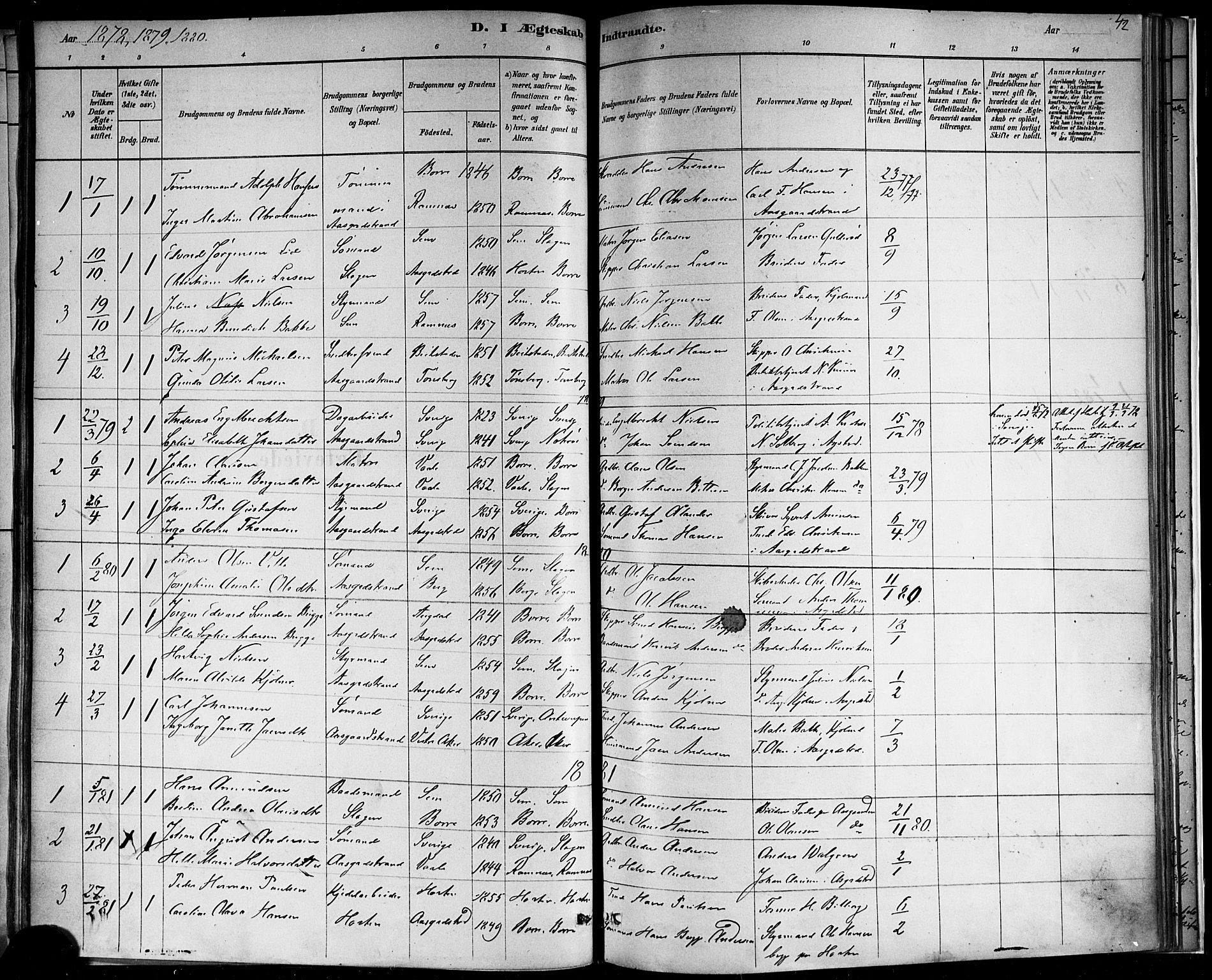 Borre kirkebøker, AV/SAKO-A-338/F/Fb/L0001: Parish register (official) no. II 1, 1878-1892, p. 42