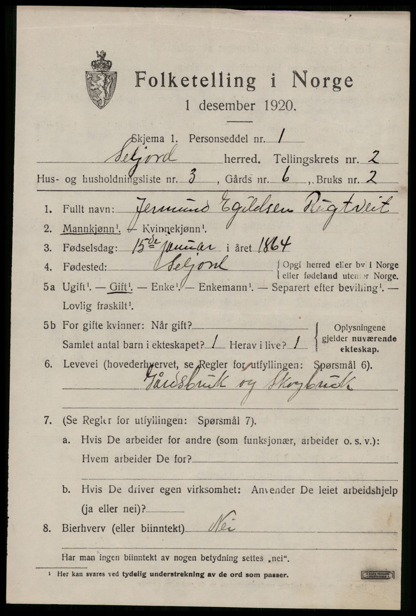 SAKO, 1920 census for Seljord, 1920, p. 1550