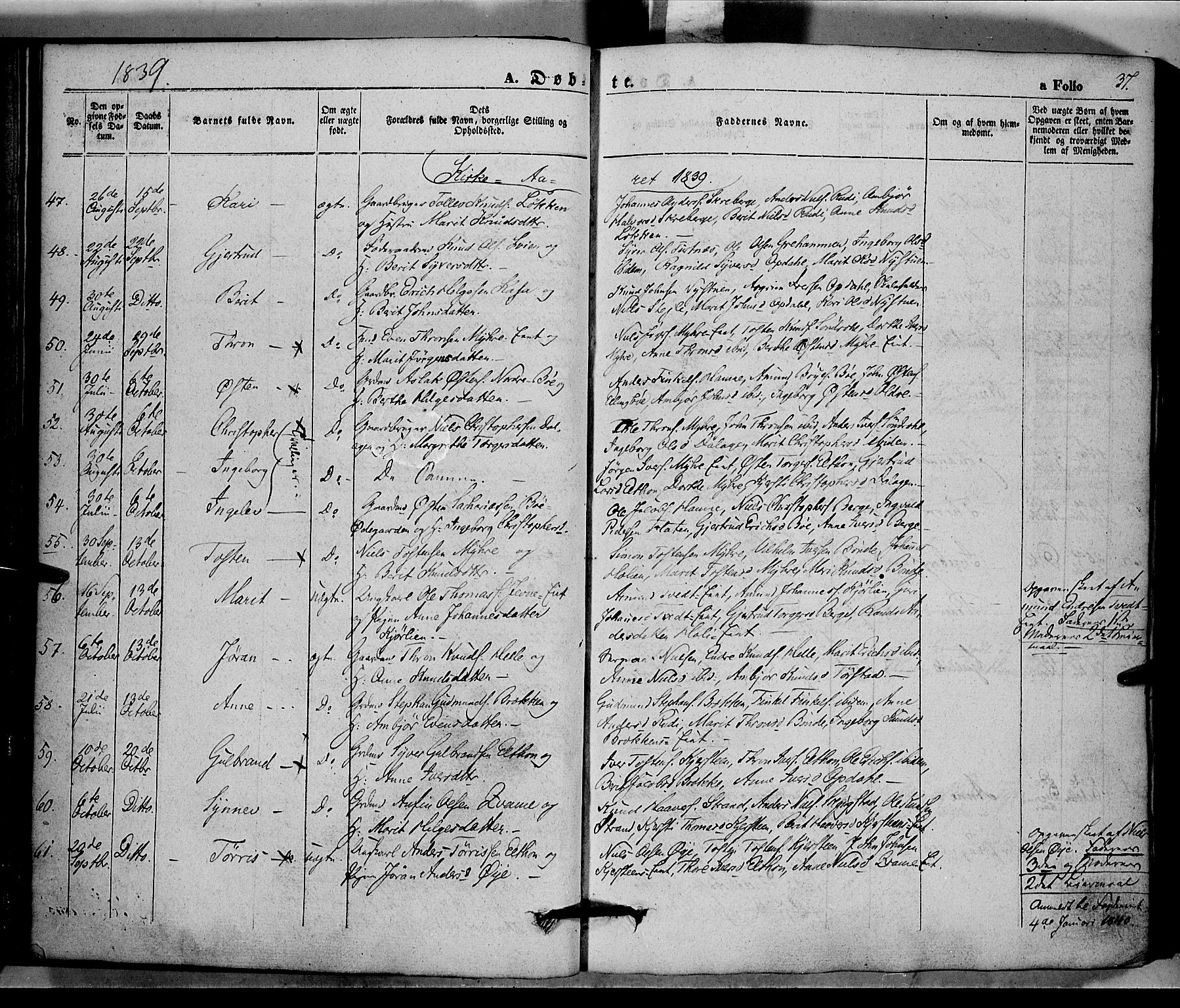 Vang prestekontor, Valdres, SAH/PREST-140/H/Ha/L0005: Parish register (official) no. 5, 1831-1845, p. 37