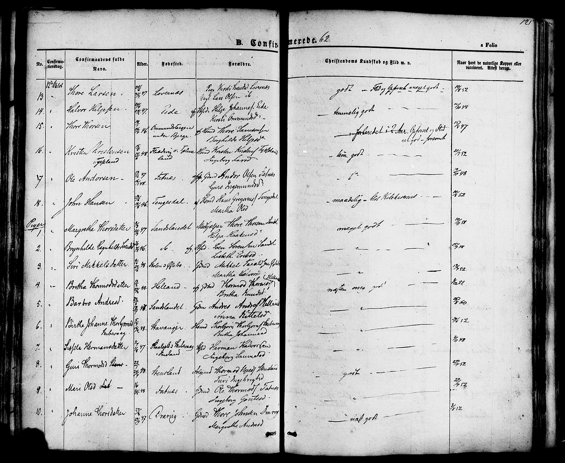 Sand sokneprestkontor, AV/SAST-A-101848/01/III/L0003: Parish register (official) no. A 3, 1854-1879, p. 121